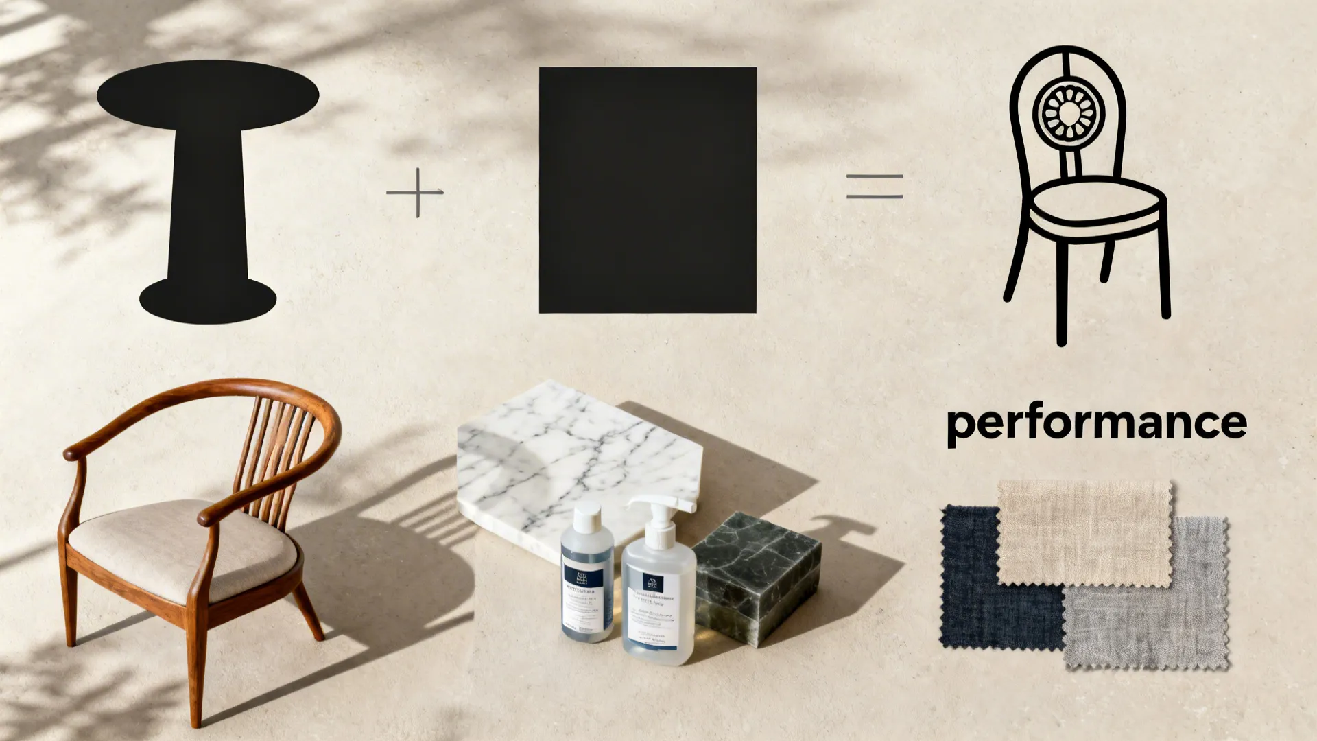 Top-down visual guide with table footprints, chair outlines, marble care, and fabric swatches.