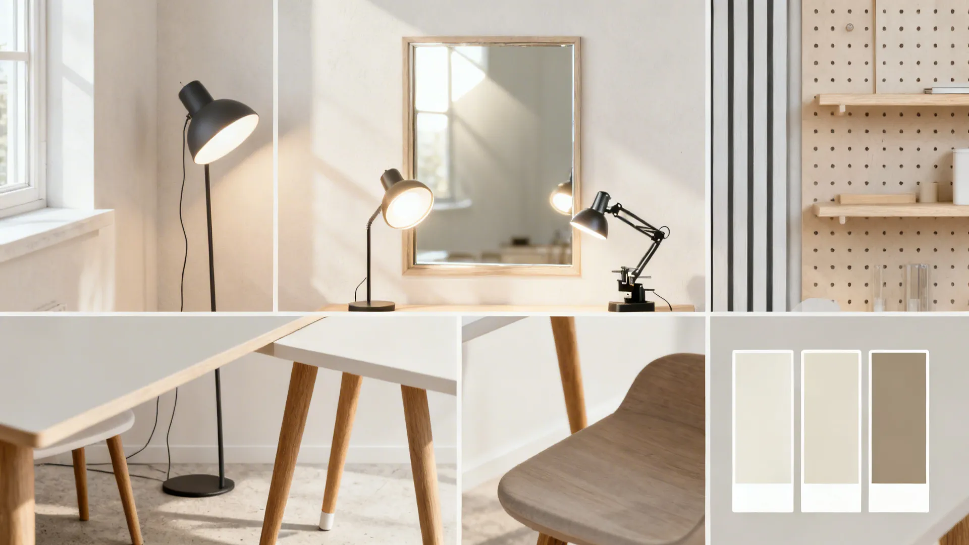 Top-down collage showing mirror placement, layered lighting, open-leg furniture, vertical storage, and neutral swatches.