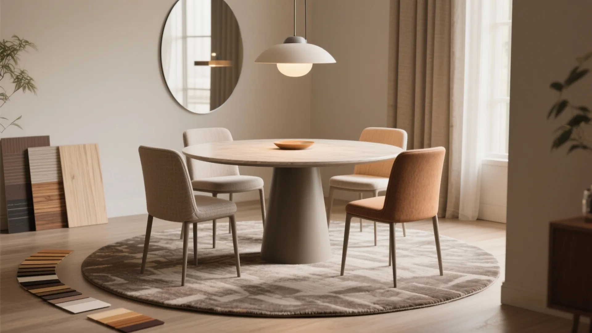 Modern dining room with round table four chairs round mirror grey rug and white ceiling light