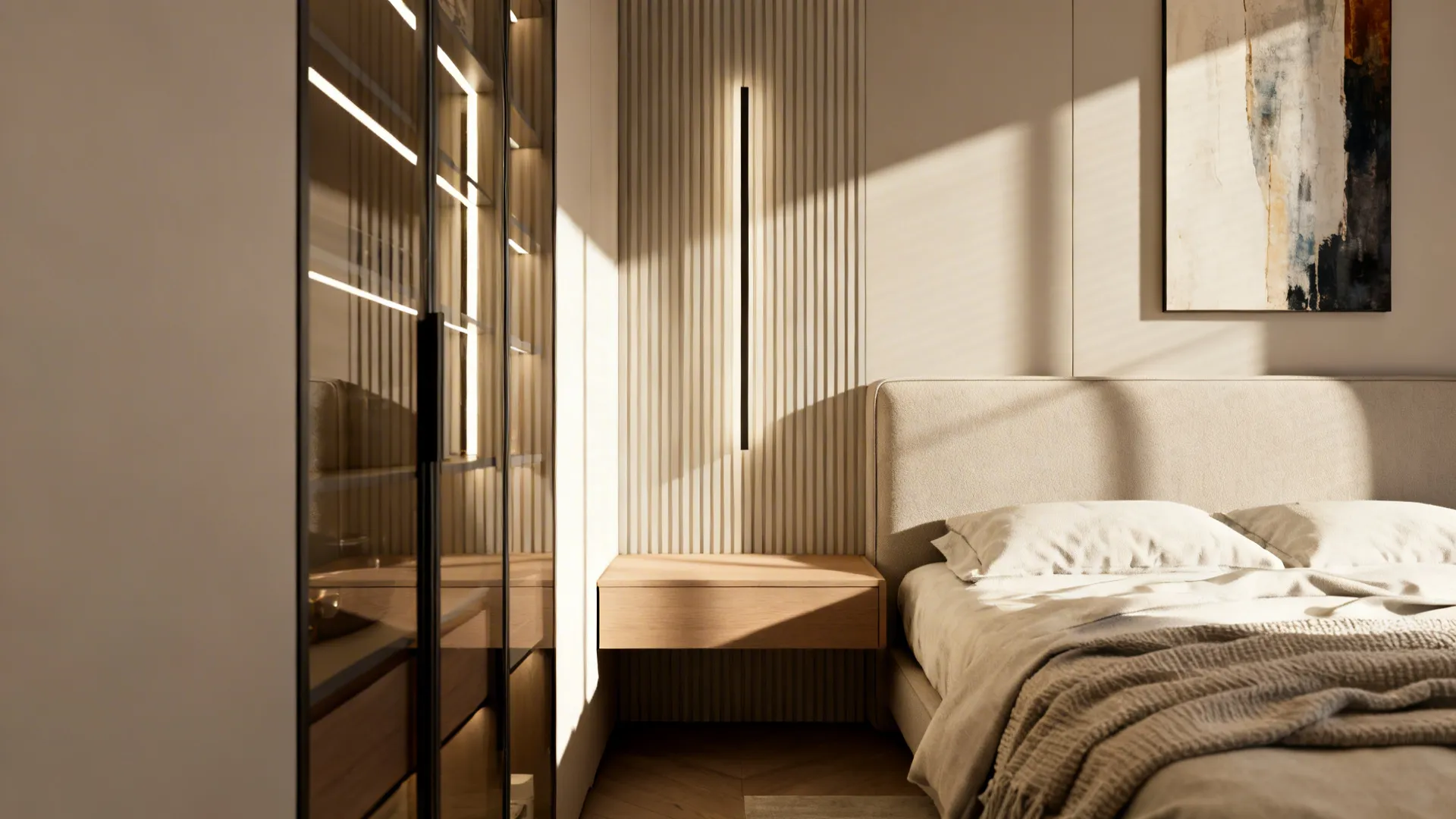 Bedroom vignette showing mirrored surface, slim headboard, and vertical artwork to reduce visual bulk