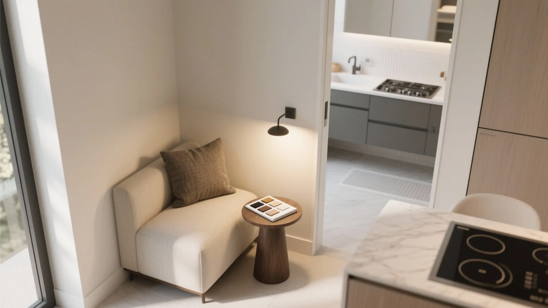 Modern cozy corner with small white sofa wooden side table wall light and kitchen view