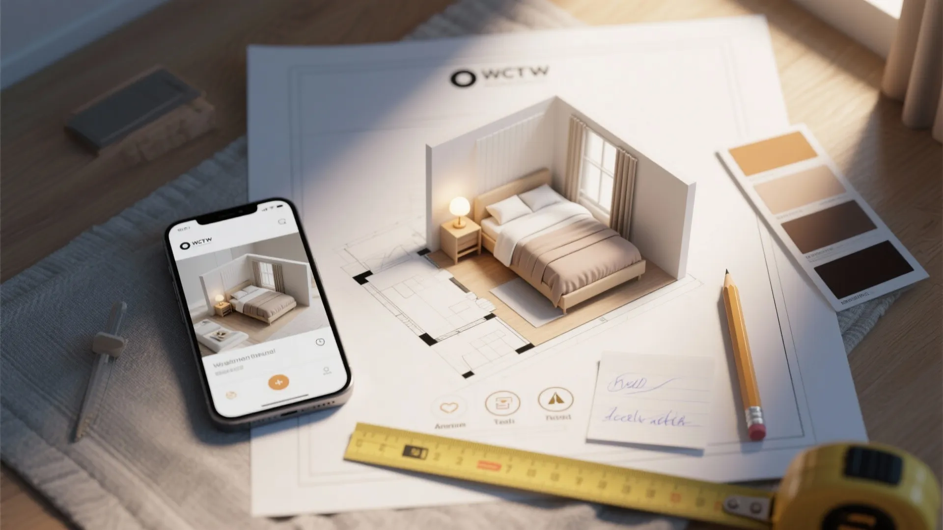 Floor plan on desk with 3D bedroom model, smartphone app, color swatches, and measuring tape