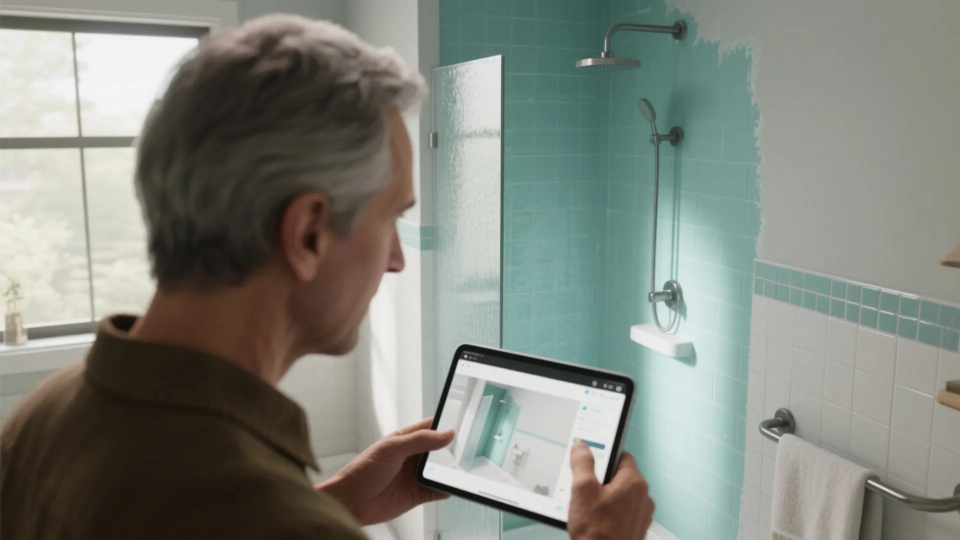 Man holding a tablet displaying a bathroom design plan next to a real tiled shower