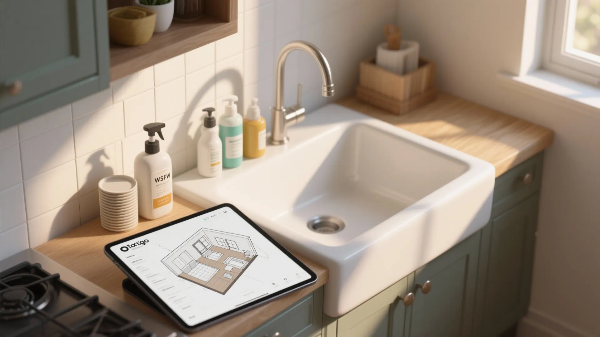 Tablet displaying a 3D interior design drawing on wooden kitchen counter beside a white sink