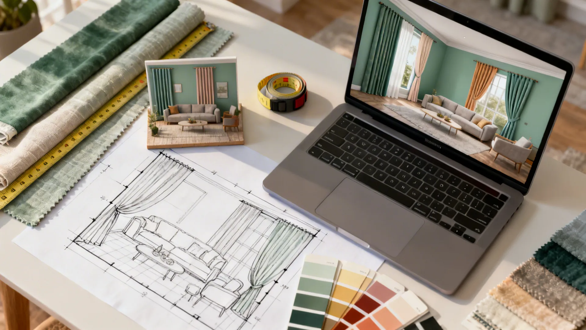 Interior design drawing on desk with laptop showing 3D room rendering and colorful fabric samples