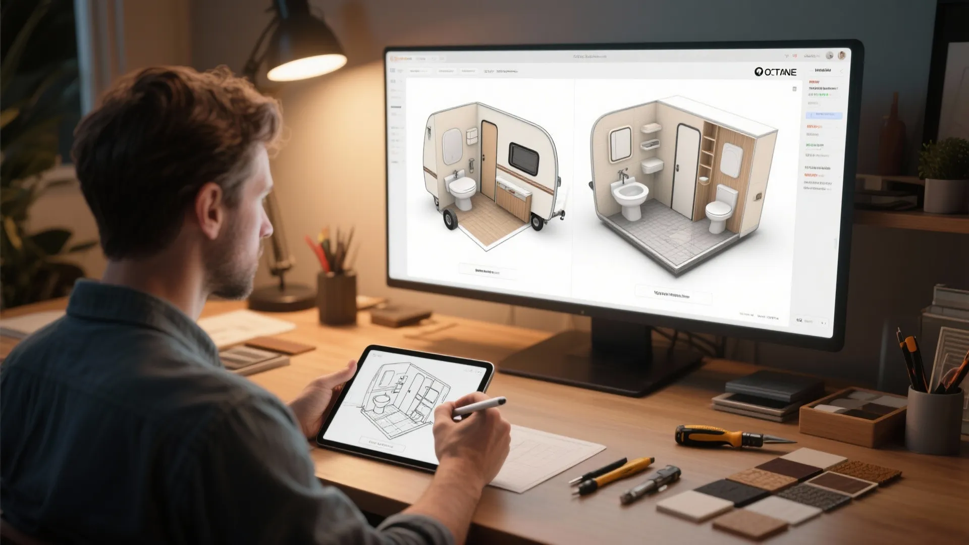 Designer using a 3D floor planner to visualize two-bath layouts for a small travel trailer.