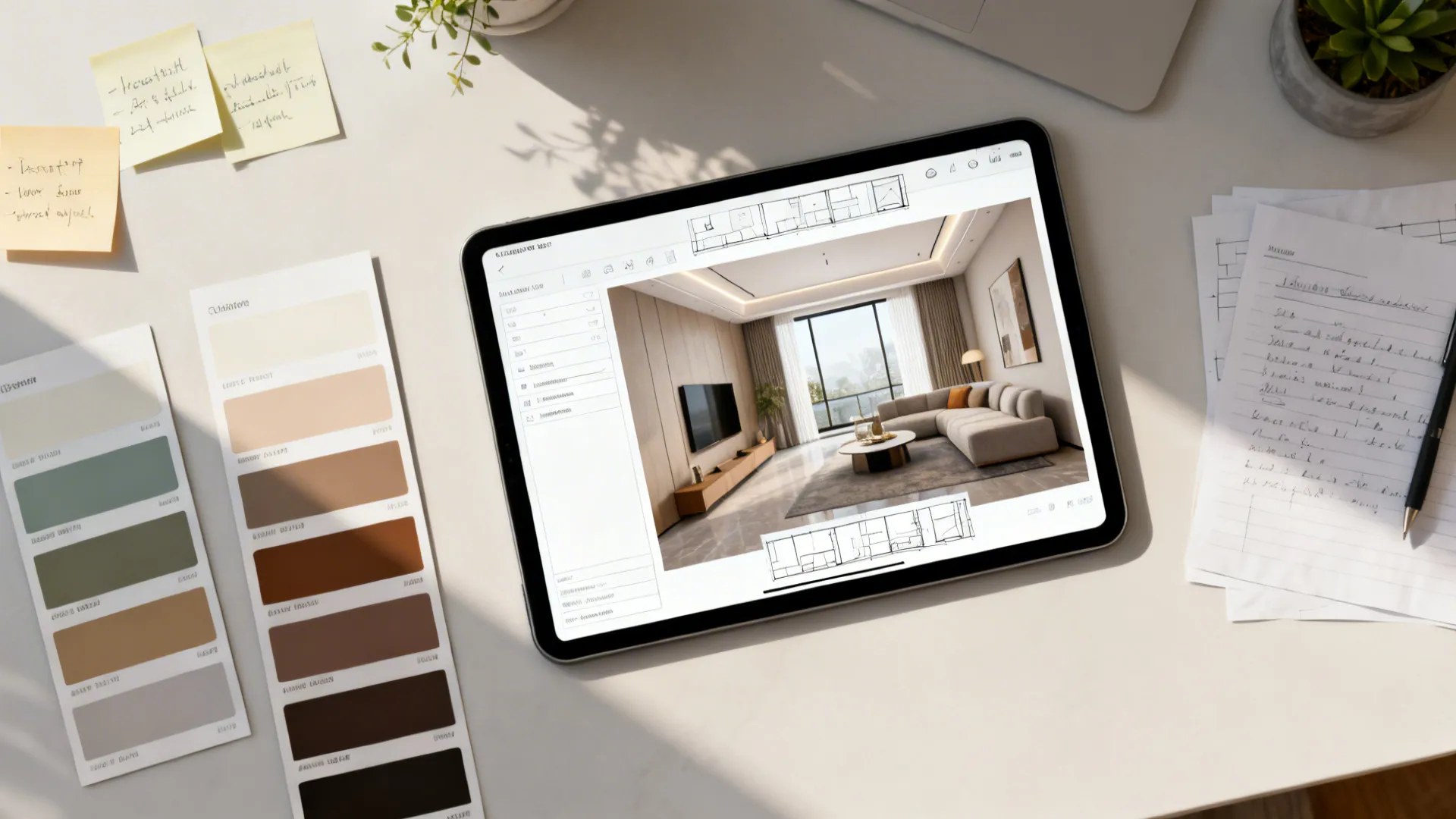 Tablet showing a 3D room mockup with paint swatches and planning notes