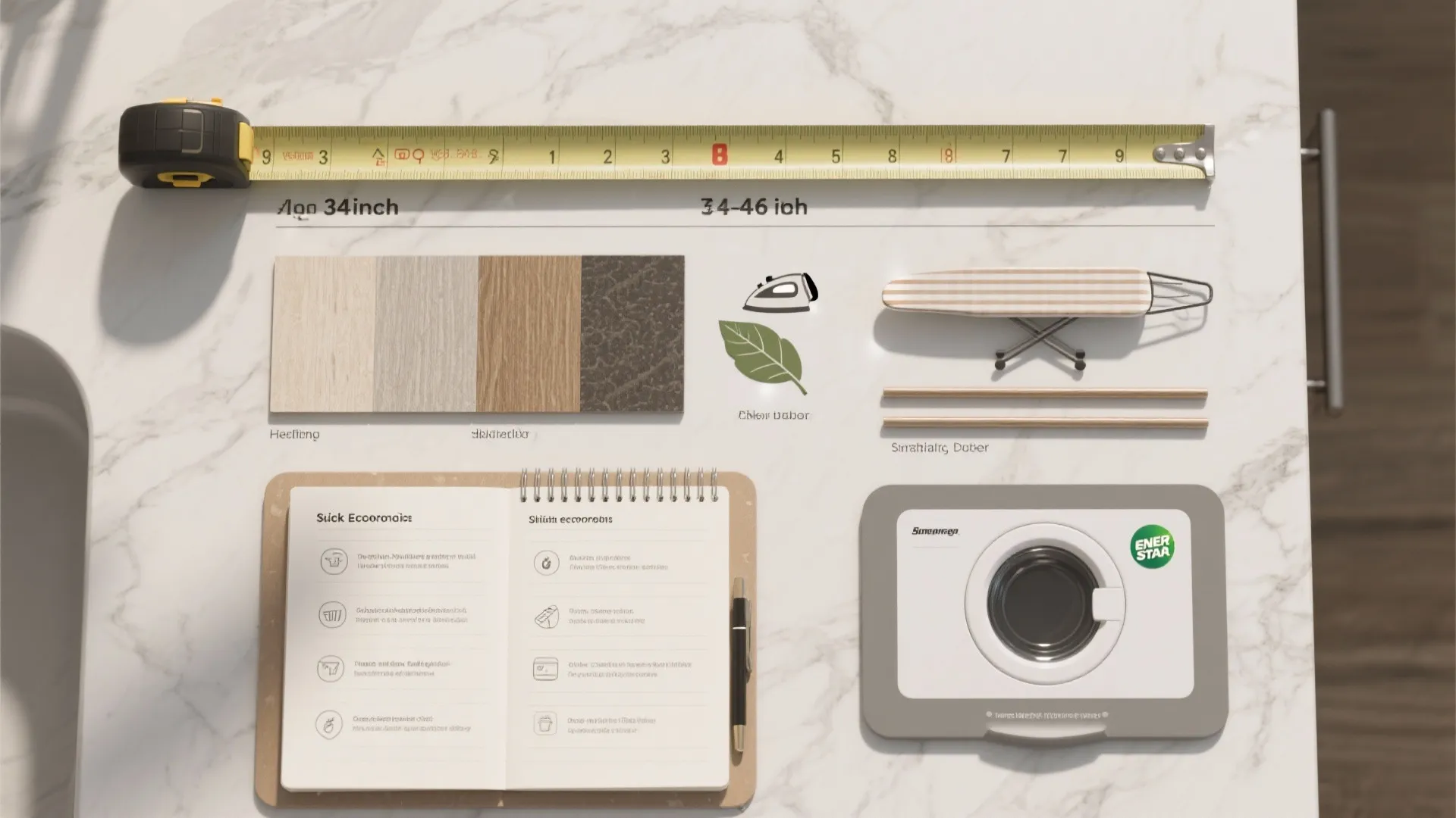 Top view of laundry planning tools including measuring tape wood samples notebook and small iron board