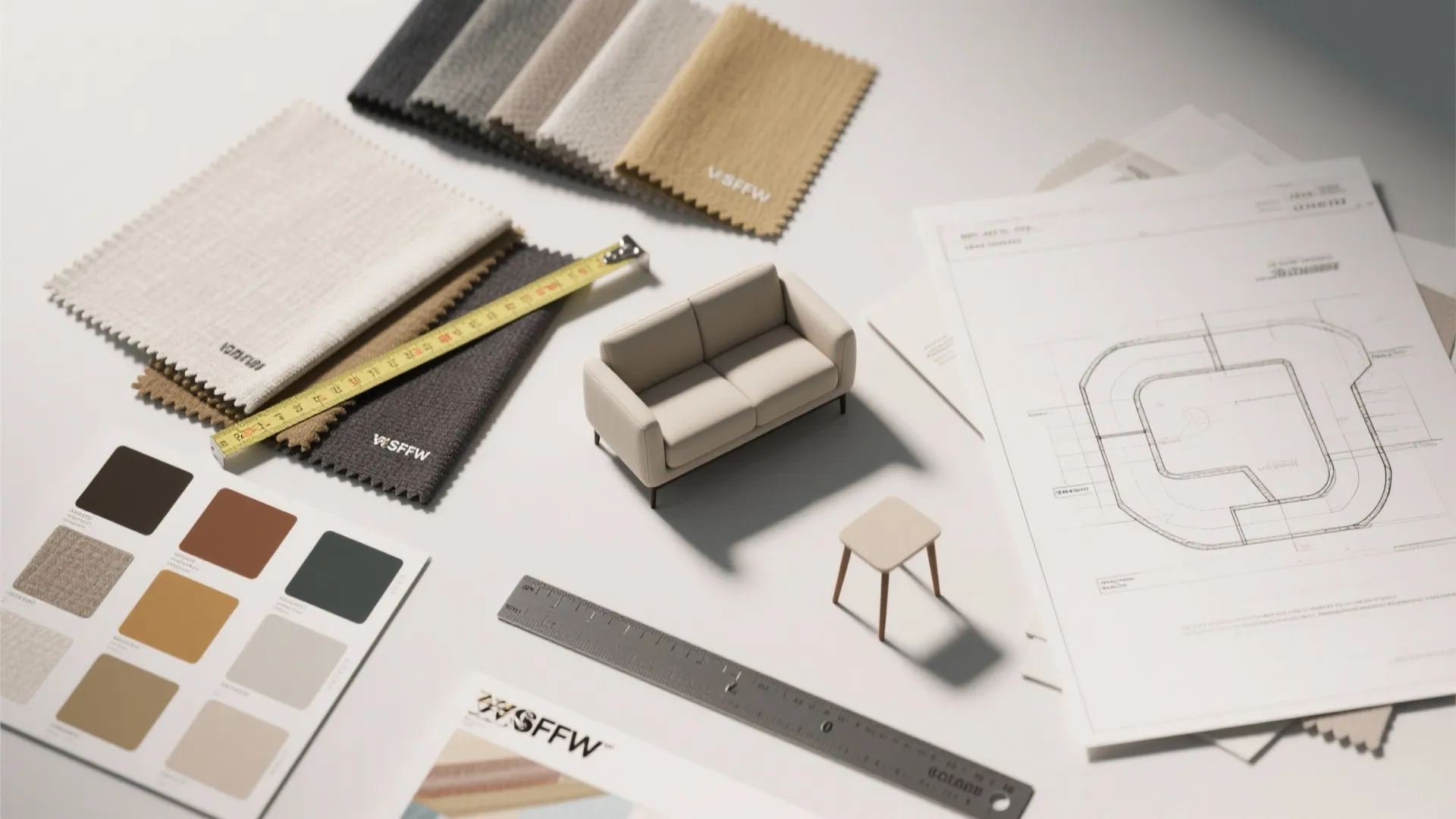 Interior design layout materials with fabric samples and sofa model on a white table surface