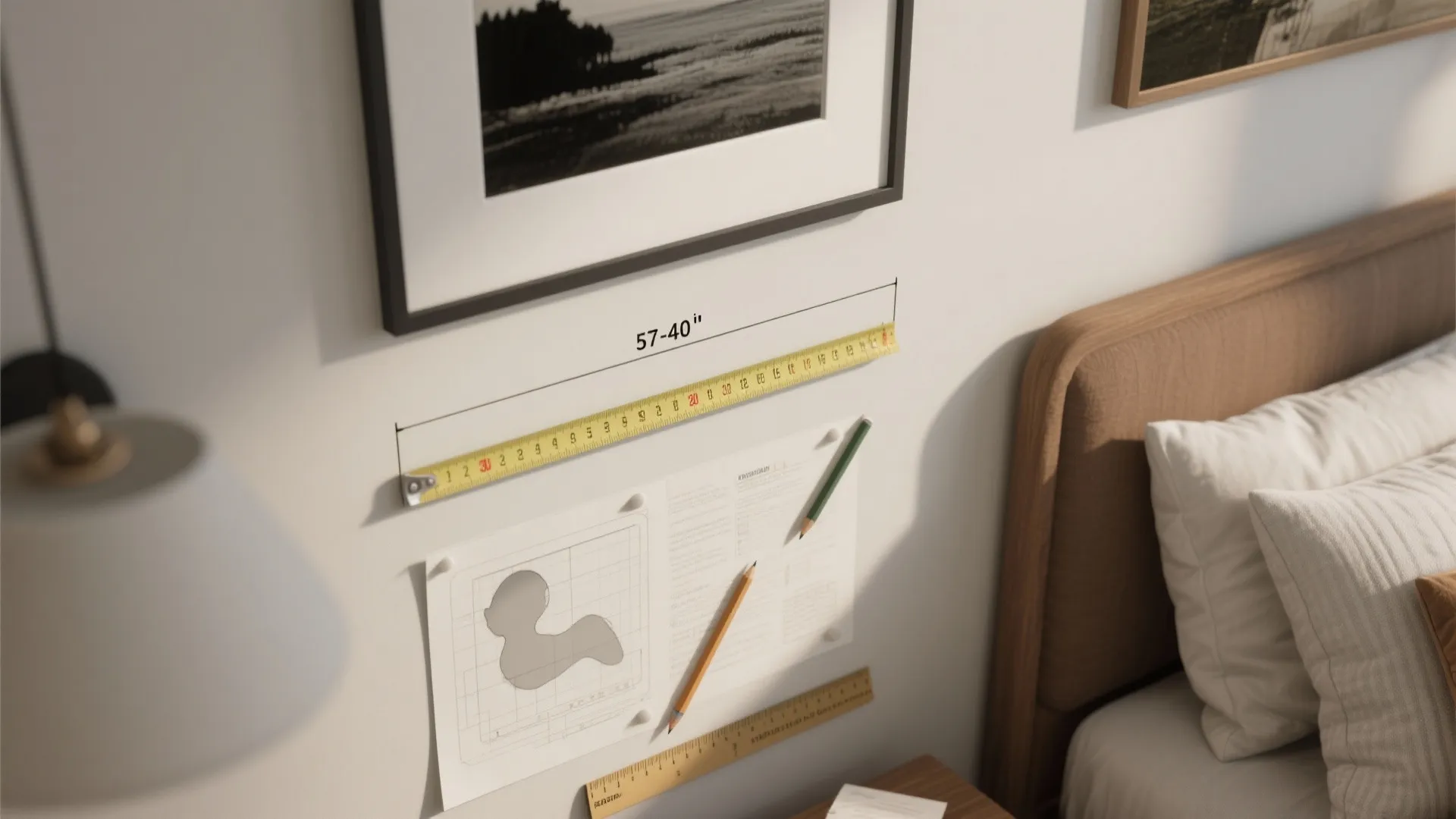 Top-down mockup showing measurements for hanging art above a bed and layout sketches with a tape measure.