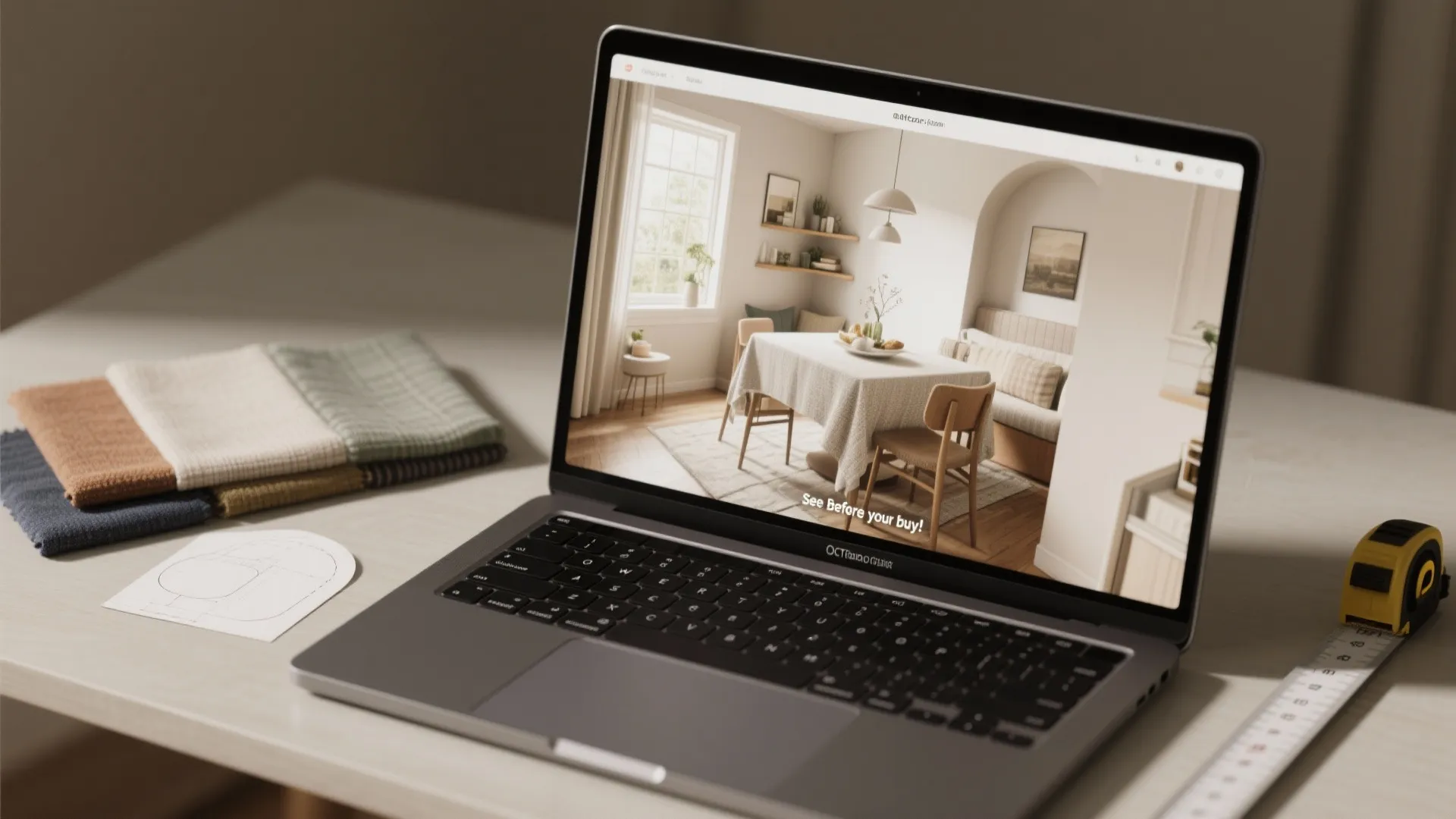 Laptop showing interior design drawing of dining room with fabric samples and yellow tape measure