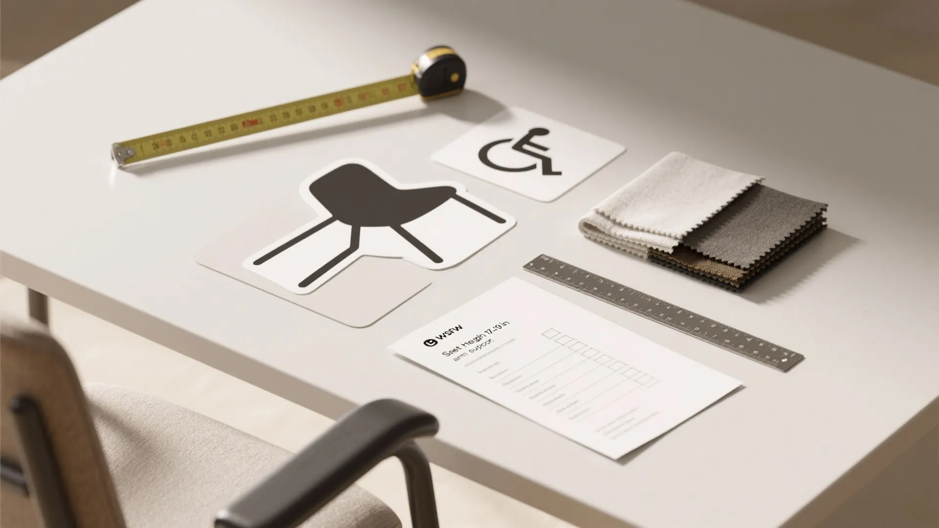 Desk with measuring tape ruler chair icons fabric samples and a design checklist for furniture