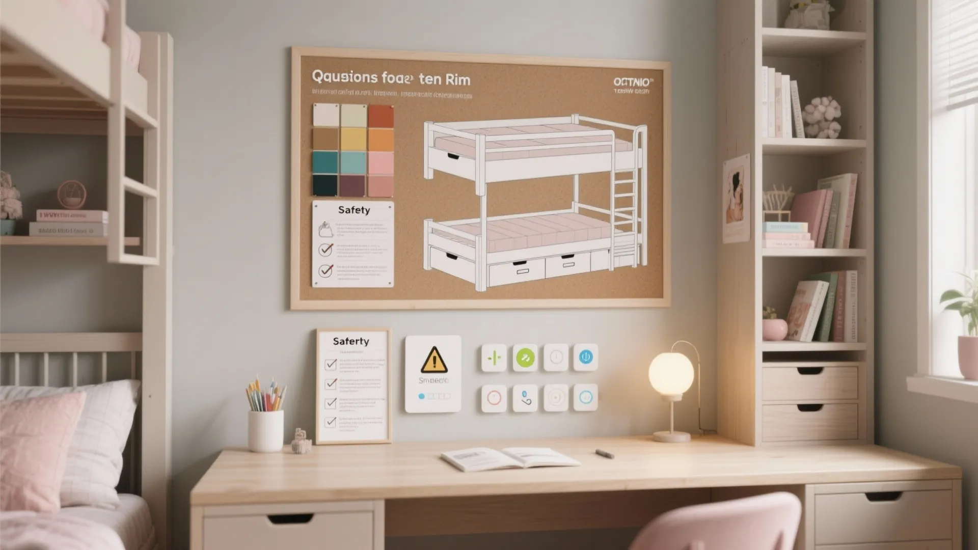 Childrens bedroom study area with a wooden desk book shelf and bunk bed safety guide