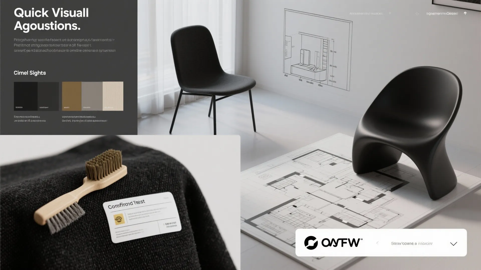 Interior design software presentation showing black chairs, floor plan layout, color swatches, and cleaning brush