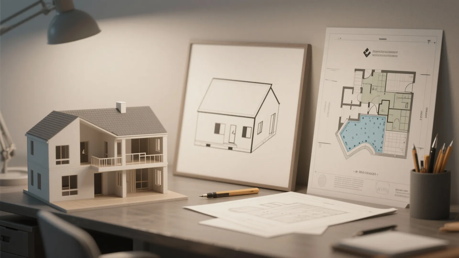 Architectural vignettes: scale model, simple roof diagram, and wet-area clustering schematic for FAQ topics.