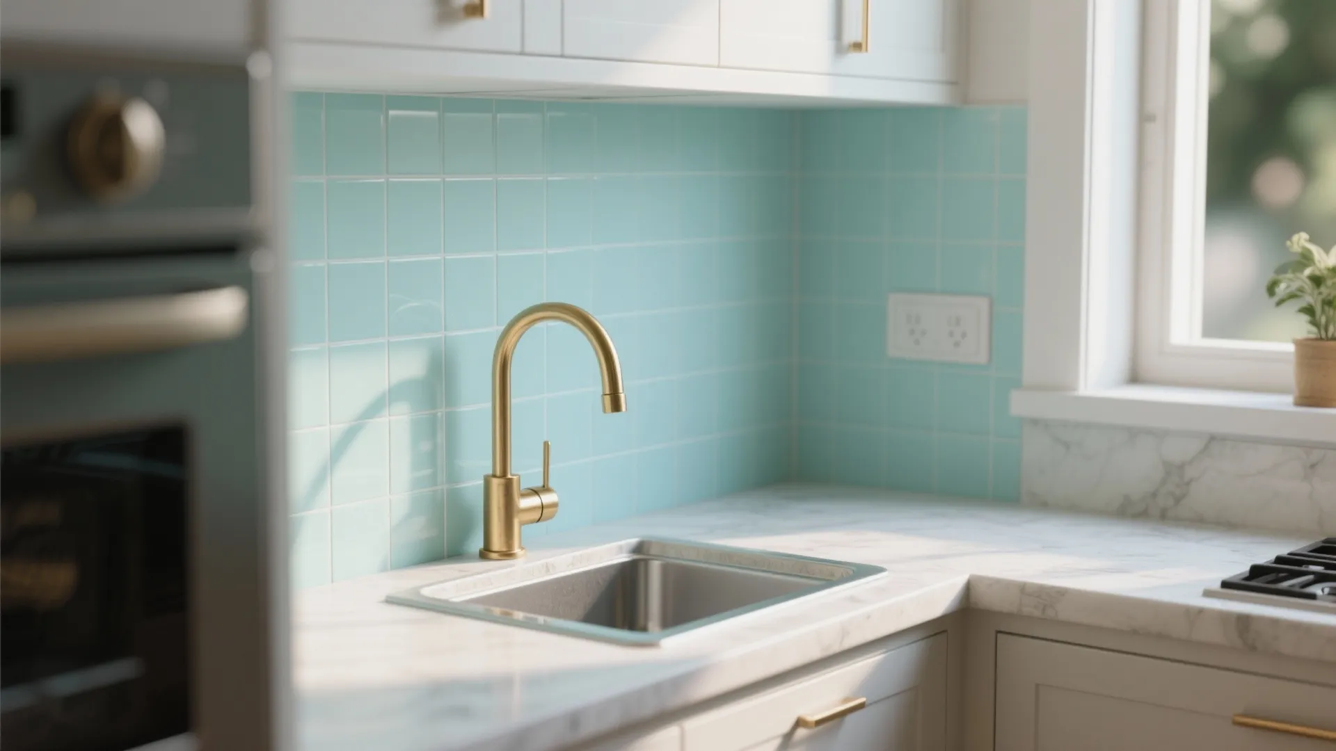 Bright kitchen corner with light blue wall tiles gold water tap marble countertop and white cabinets