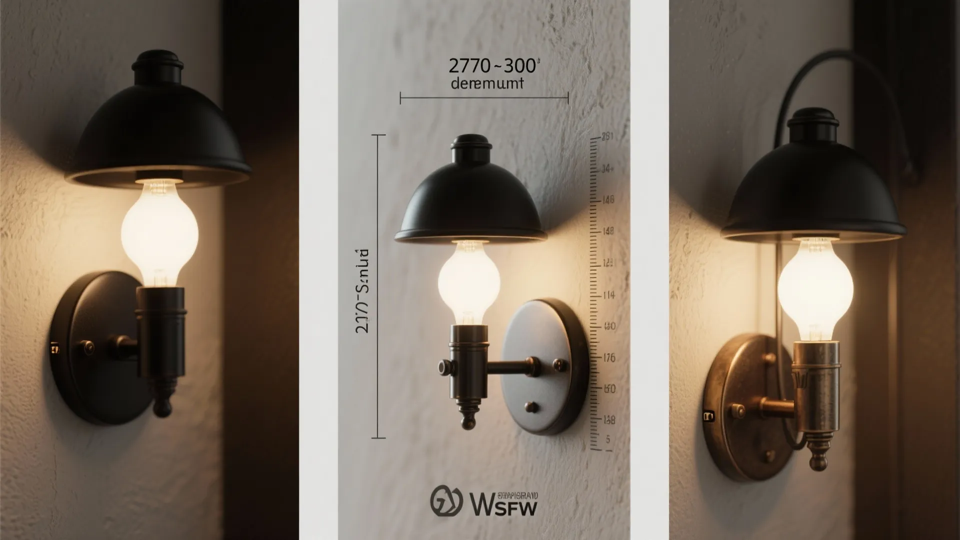 Vintage black wall light showing size measurements and three different design views for interior planning