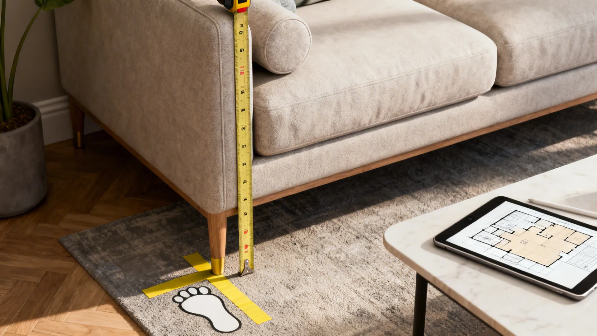 Visual FAQ collage showing measuring table height, floor footprint with painter's tape, and a 3D planner on a tablet.