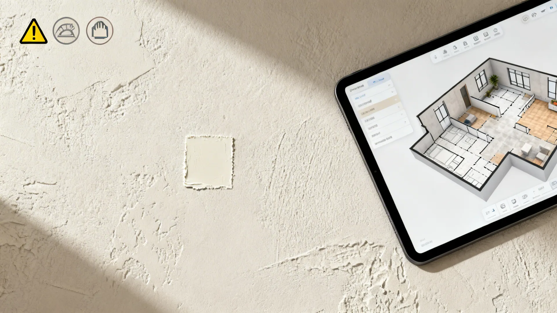 Flatlay showing surface examples, a test patch, and a tablet with a 3D floor planner for sticker testing