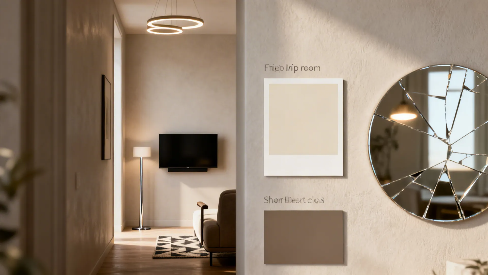 Living room interior showing a television floor lamp patterned rug round mirror and neutral color cards