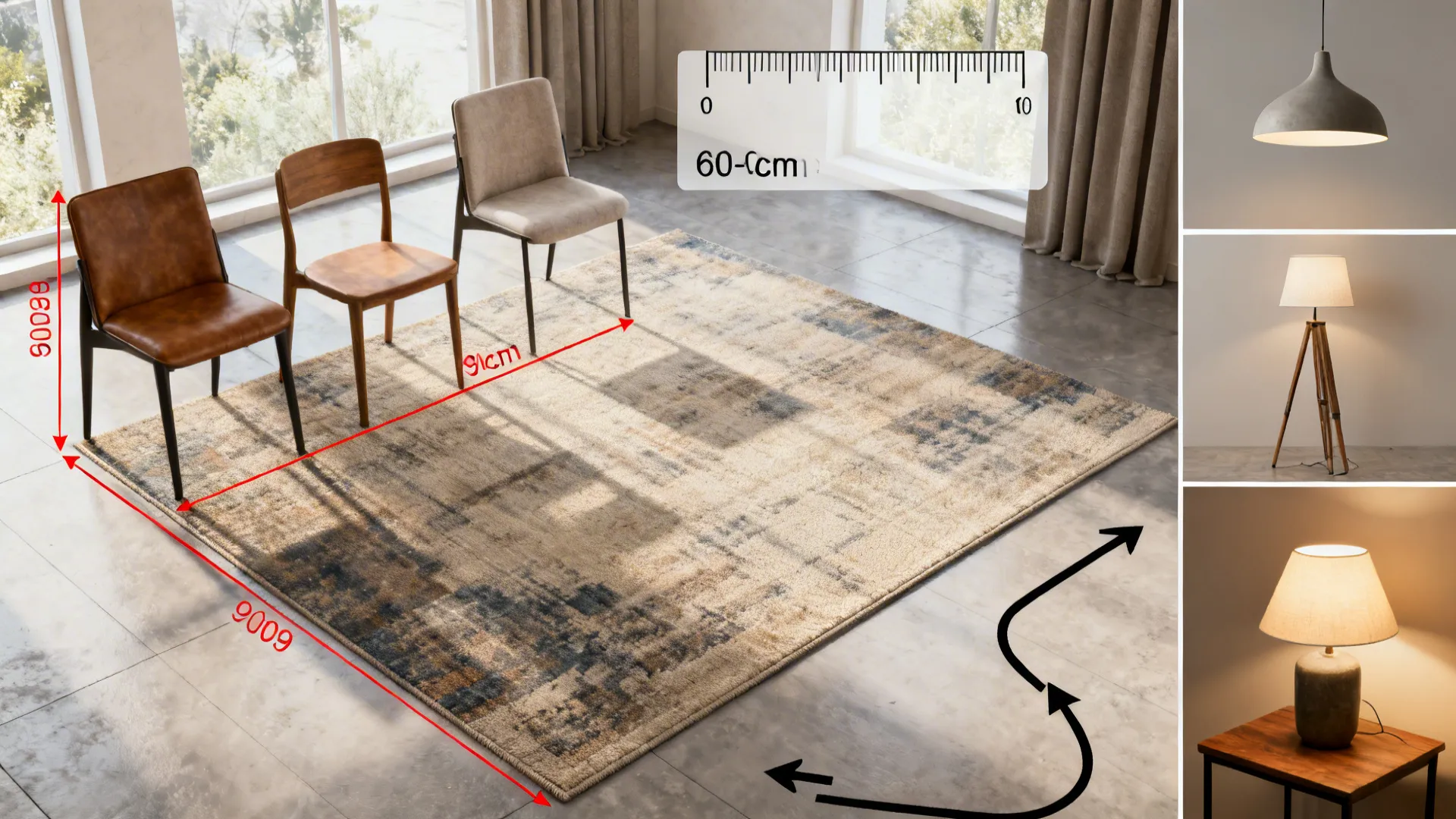 Visual FAQ collage showing rug clearance, lighting layers, and circulation guidelines for open-plan spaces