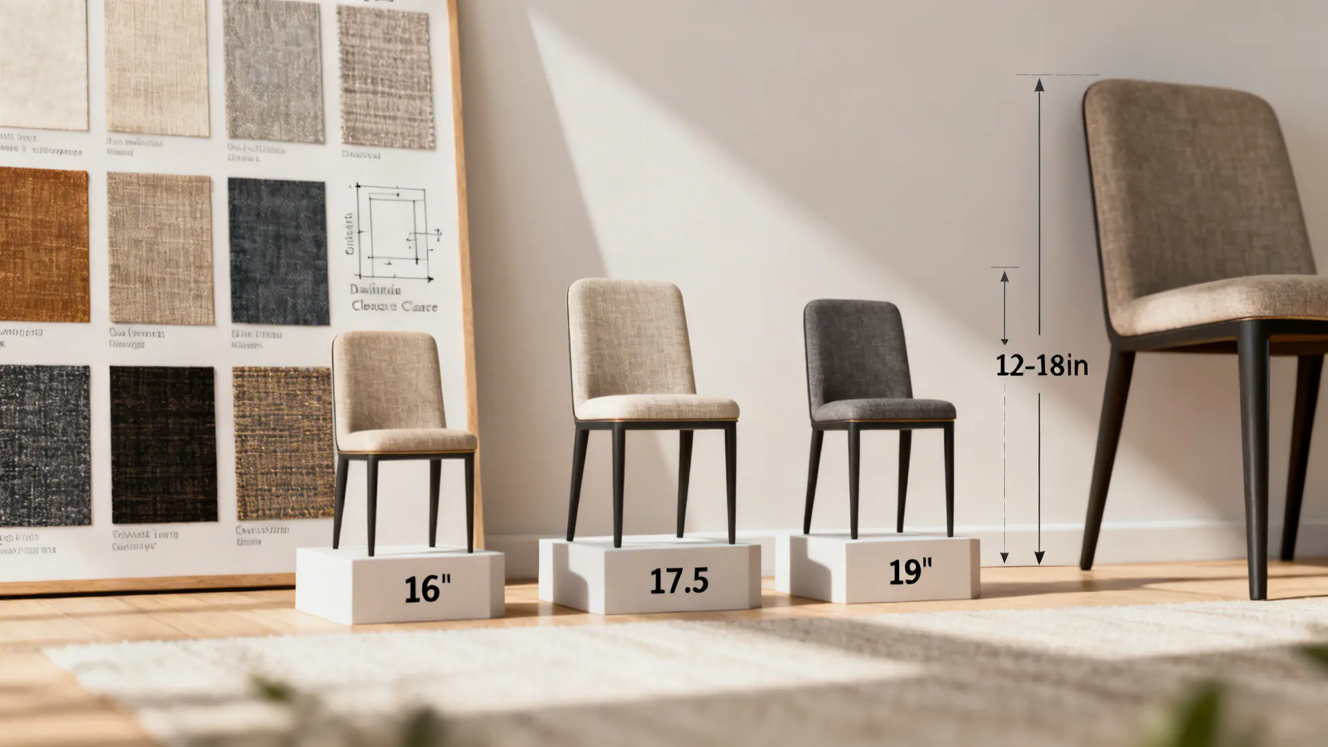 Visual guide showing standard seat heights, fabric swatches, and clearance diagram for swivel chairs.