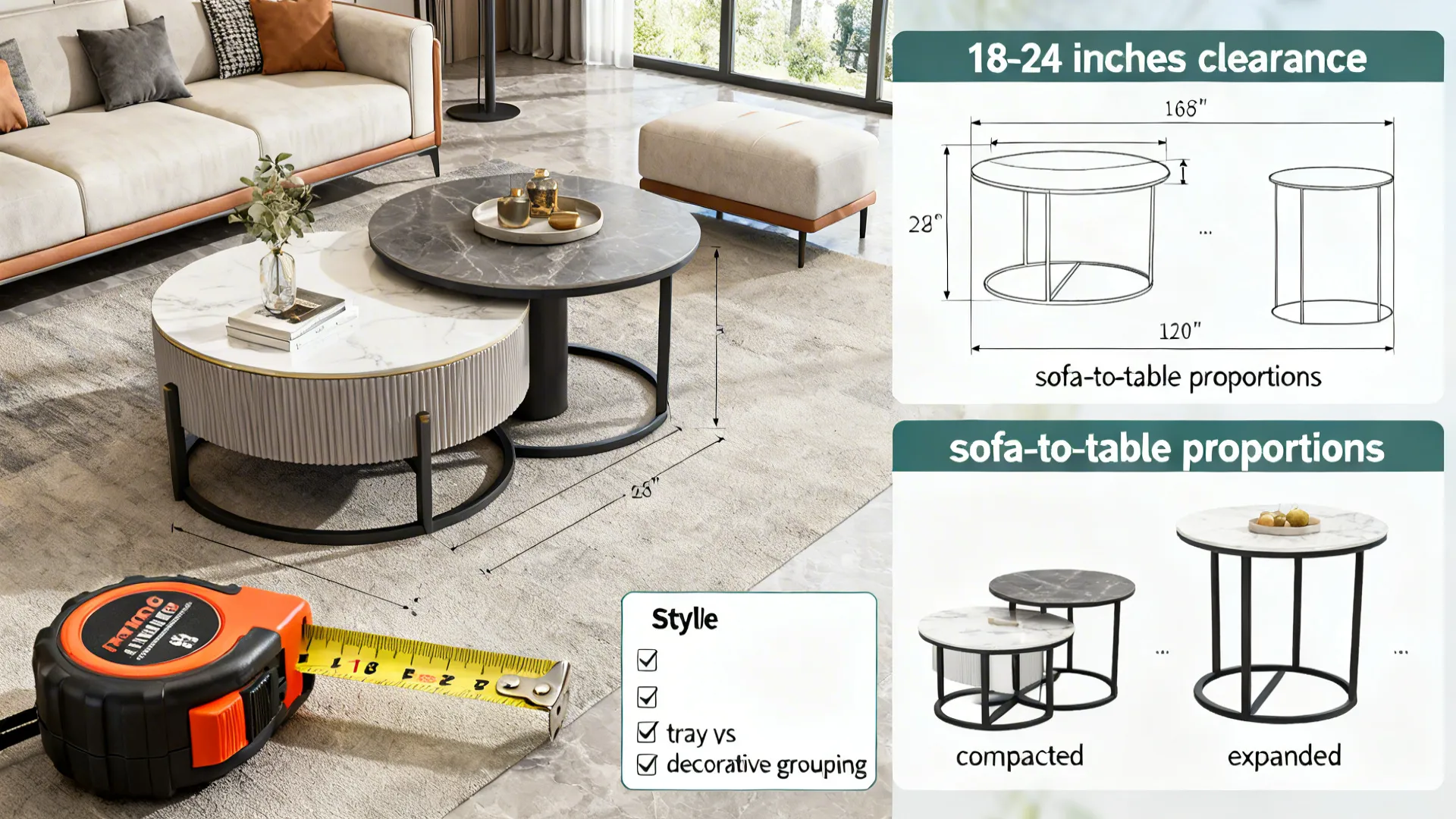 Instructional collage showing measurements, nesting tables, and styling checklist for coffee table layout.