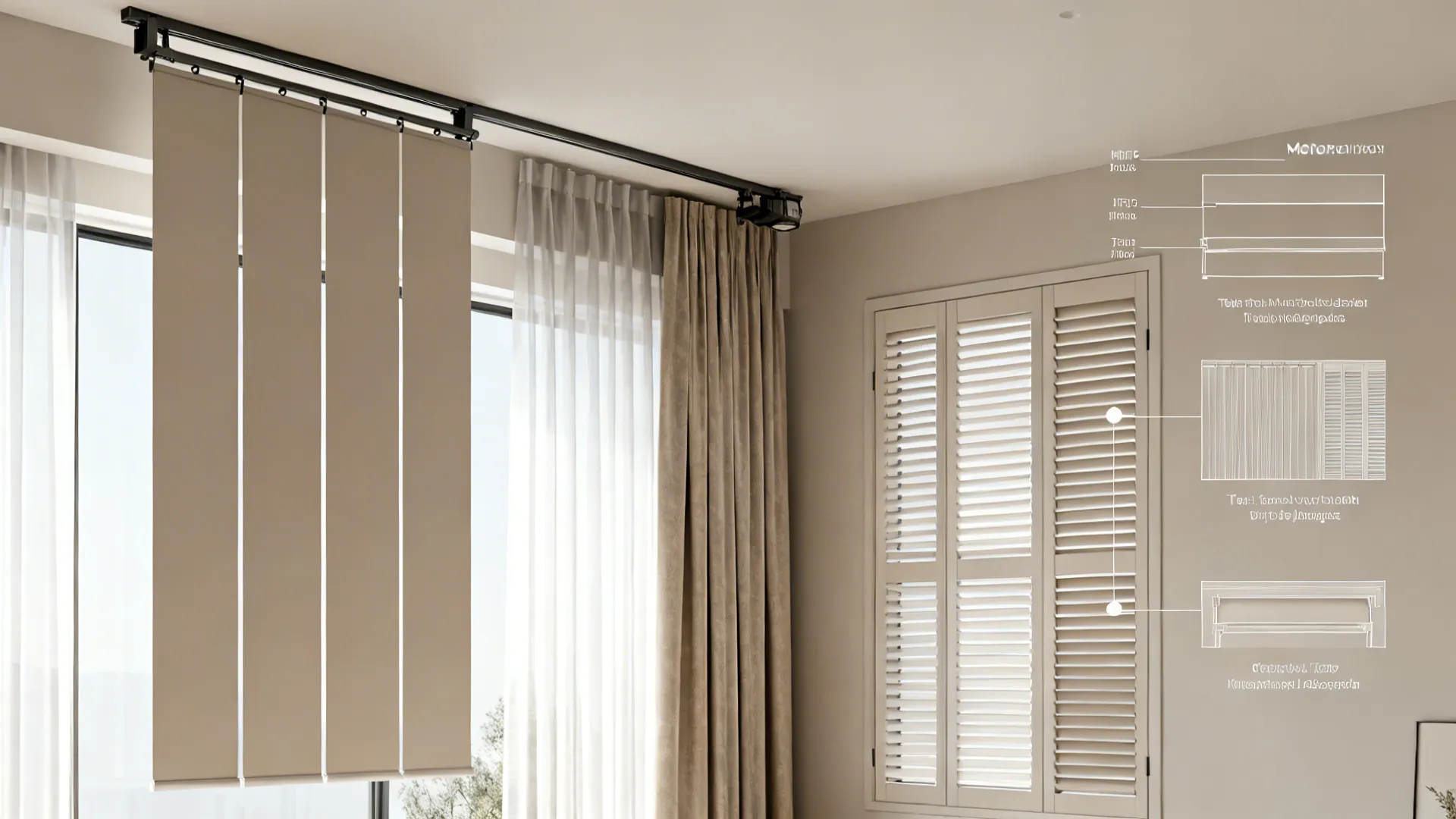Visual guide showing mounting heights, motorized shades, layered treatments and shutters for tall windows.