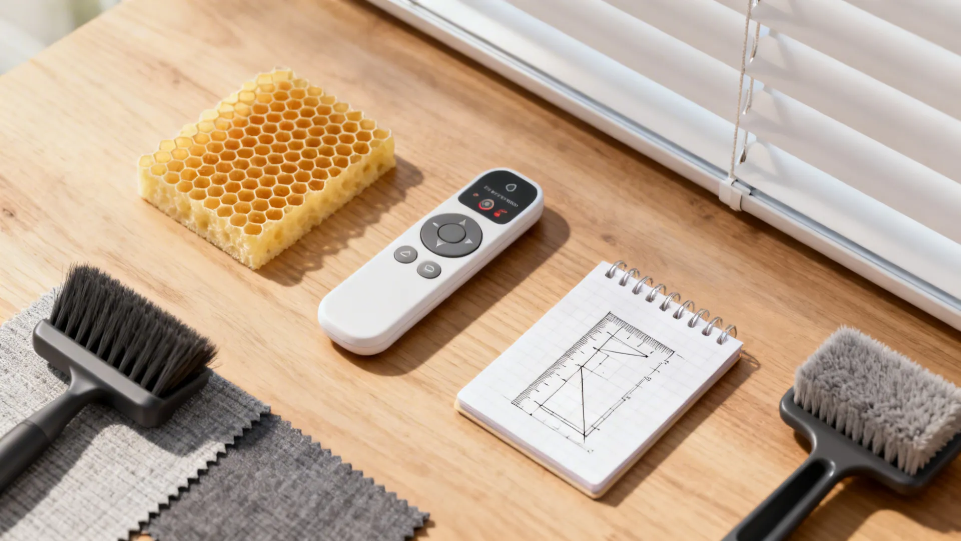 Visual props representing blind FAQs: honeycomb sample, remote control, fabric swatch and measuring sketch.