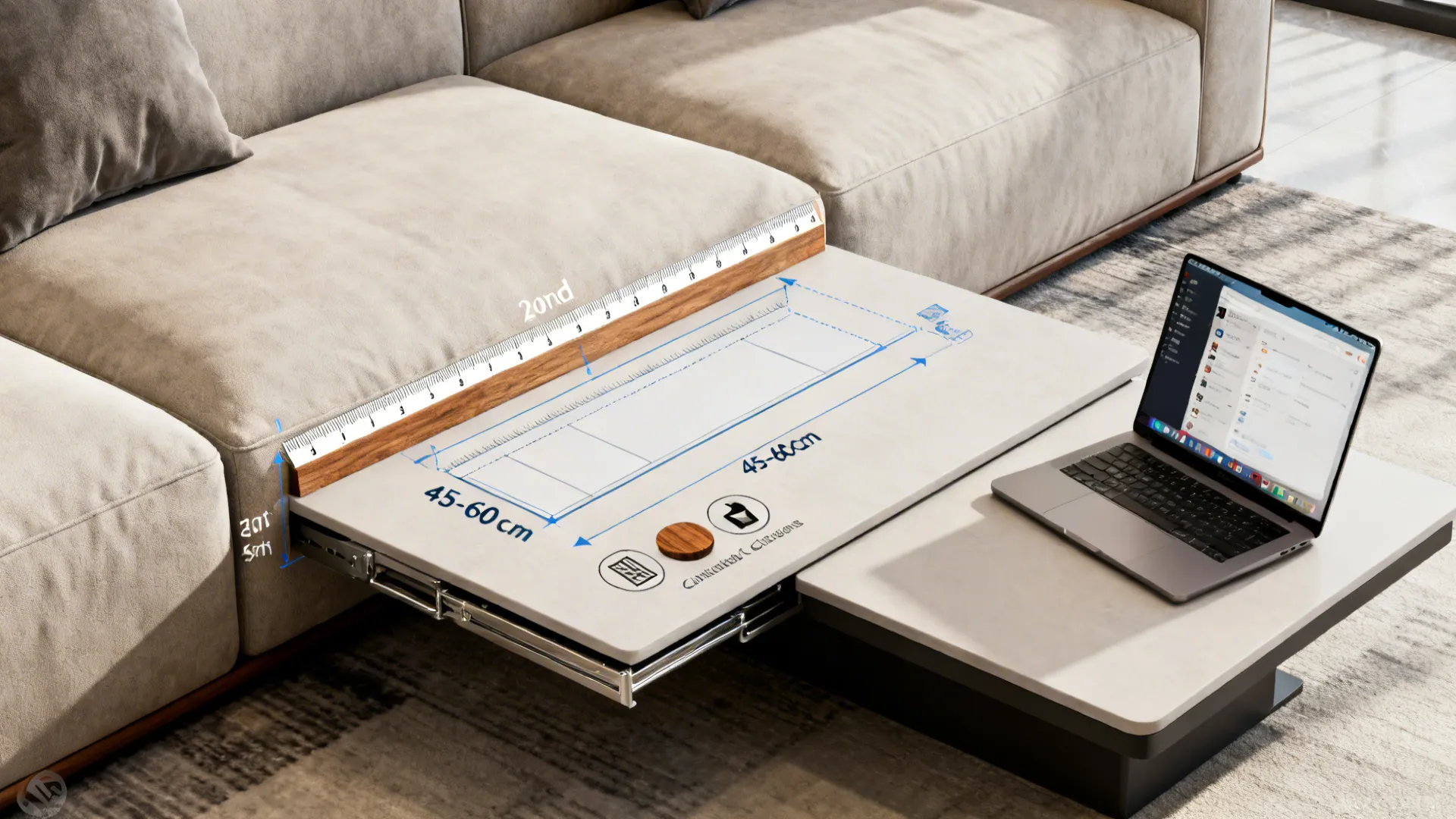 Visual aids showing measurement guidance and material recommendations for coffee tables