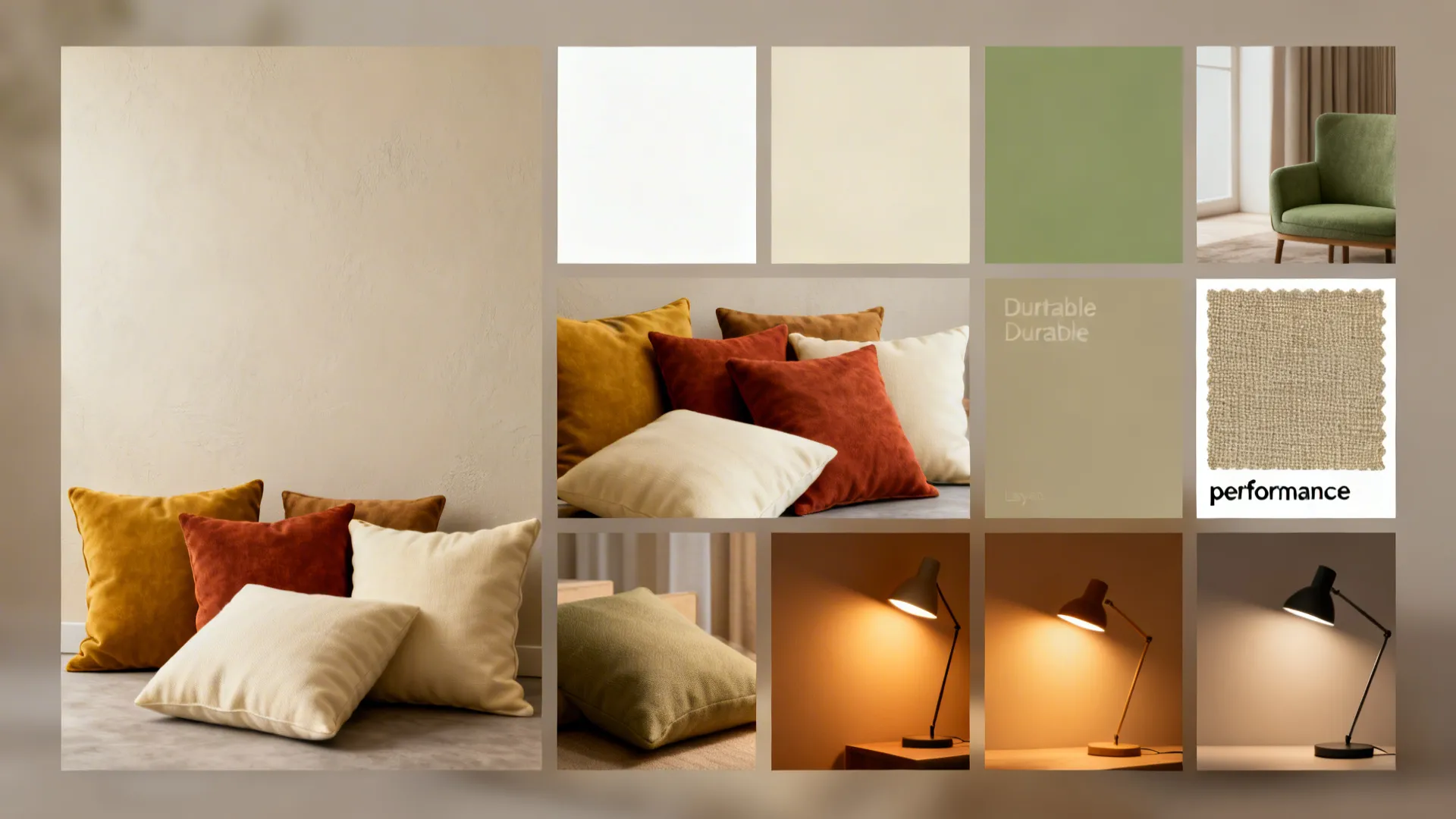 Mood board showing colorful pillows fabric samples green chair and three different table lamp lighting settings