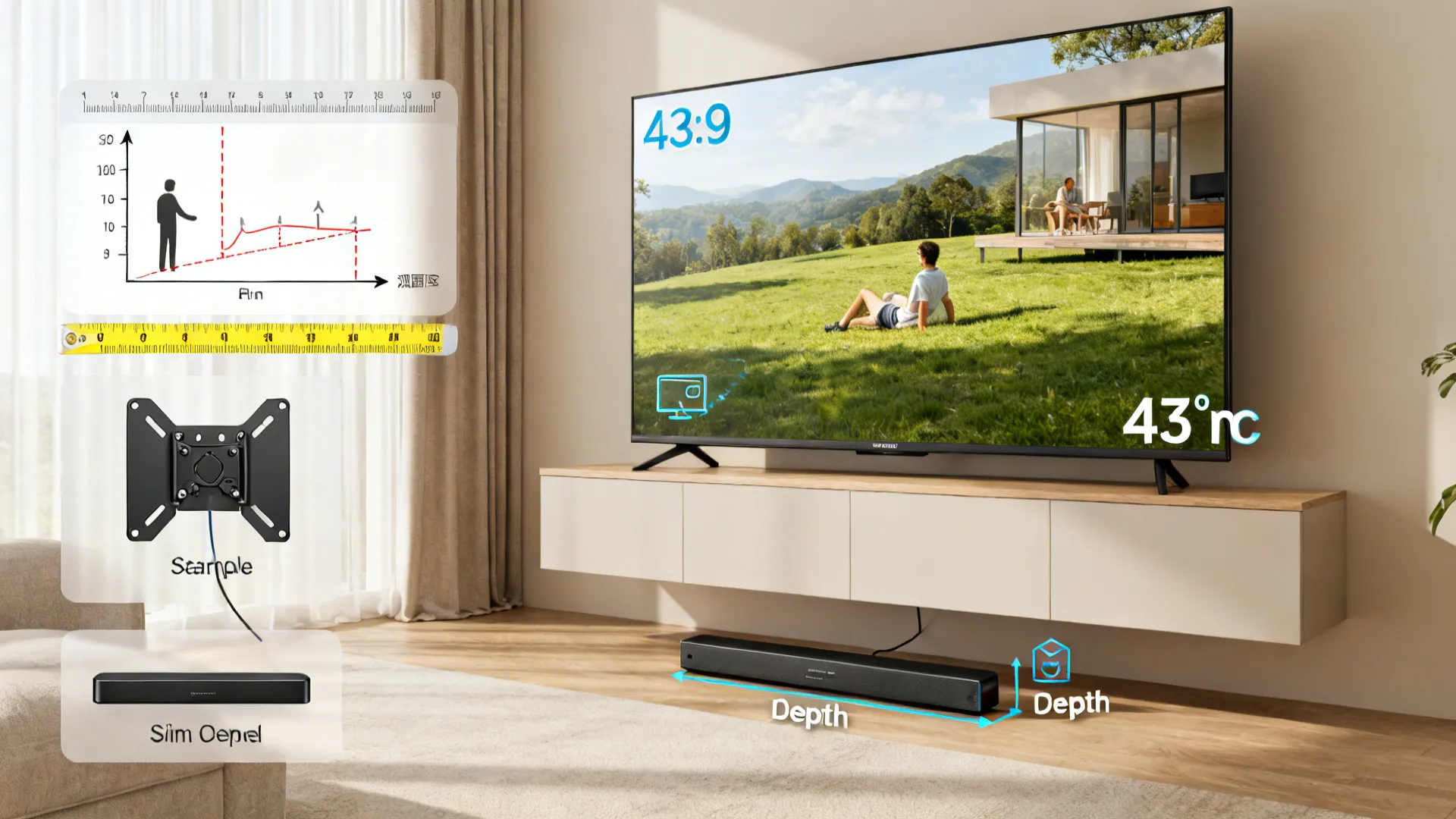 Collage showing measuring tape, low-profile mount sample, slim console depth comparison, and soundbar for a 43-inch TV