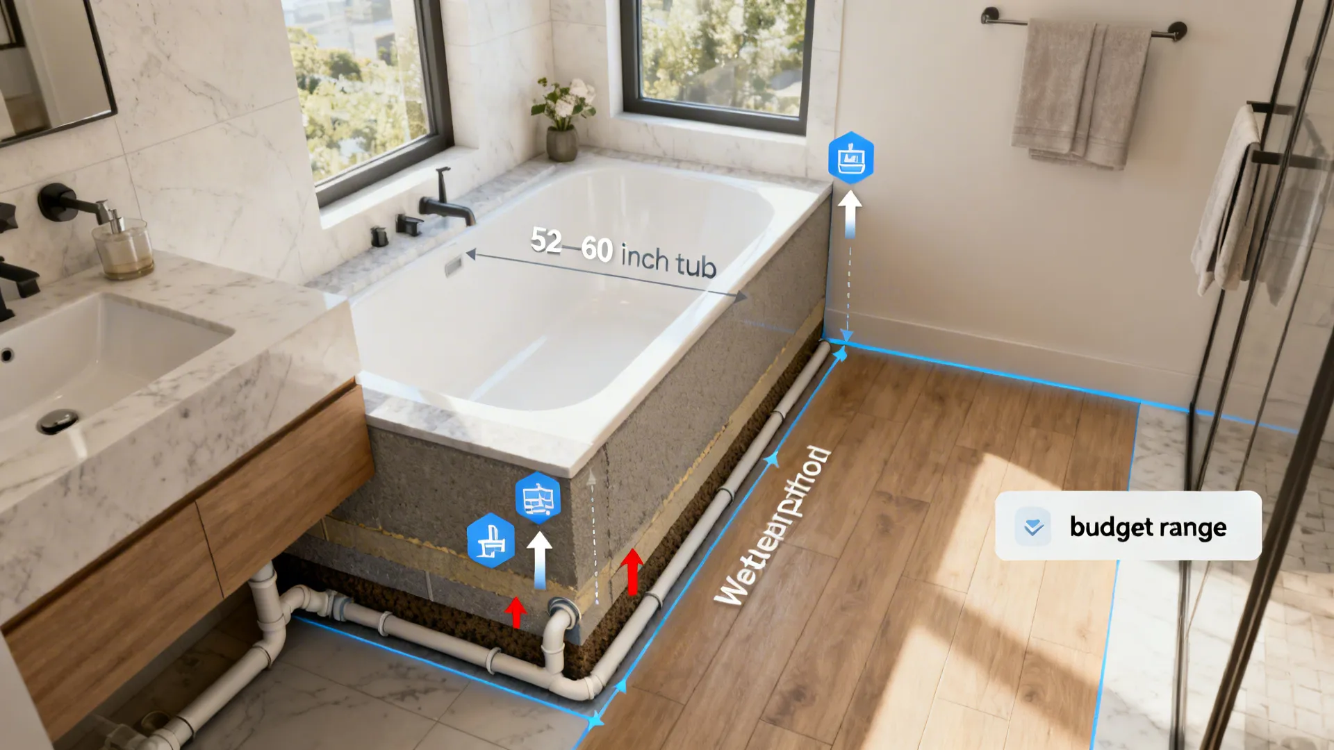 Composite visual of a small bathroom showing tub dimensions, plumbing notes, waterproofing detail, and continuous flooring.