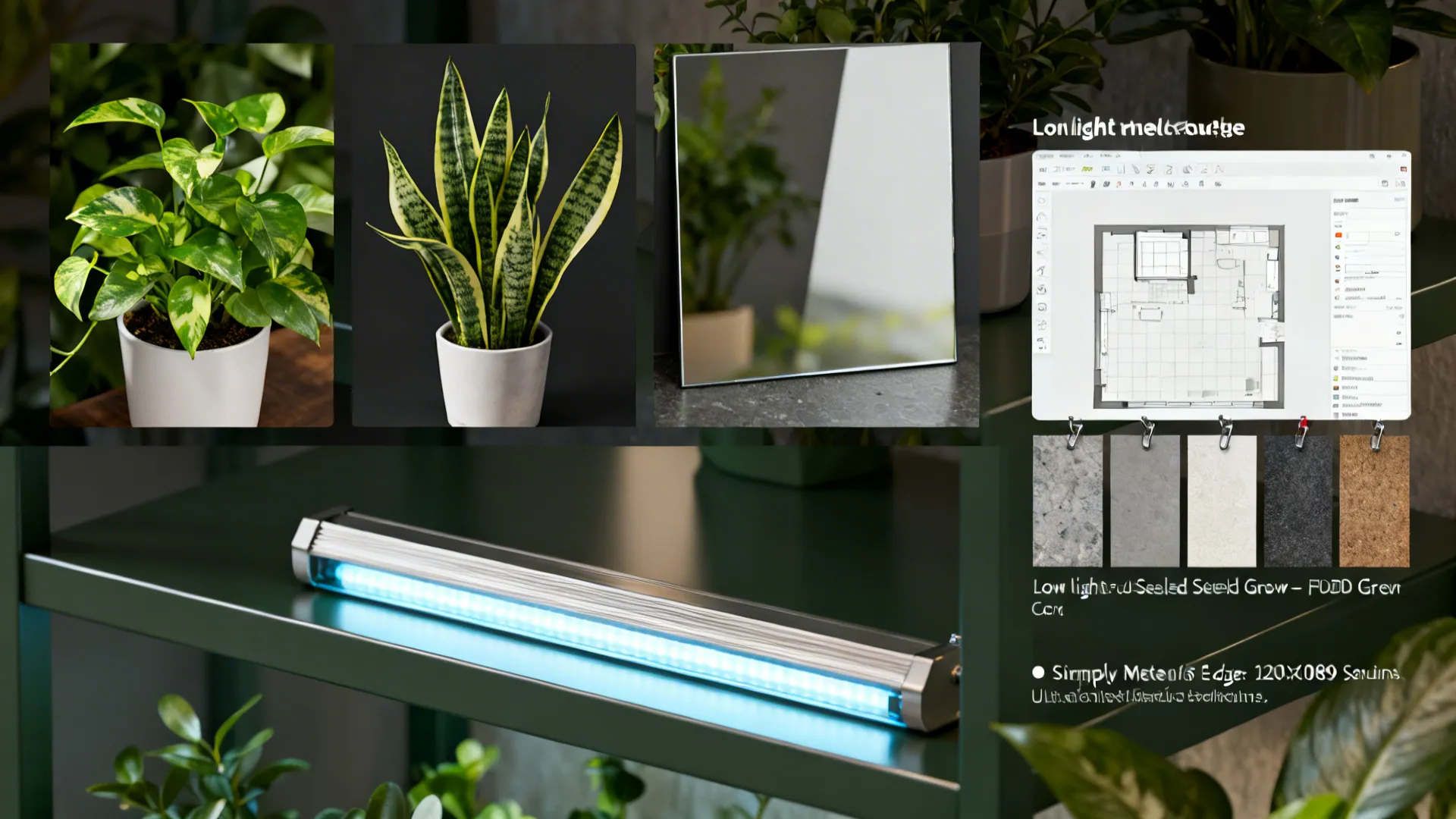 Collage of practical items: low-light plants, treated mirror, LED grow strip and material samples for sink-wall FAQs.