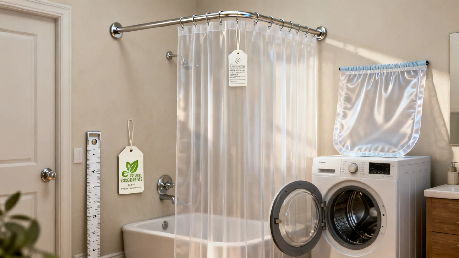 Bathroom vignette showing higher-mounted rod, eco fabric swatch, and a vinyl liner near a washing machine.