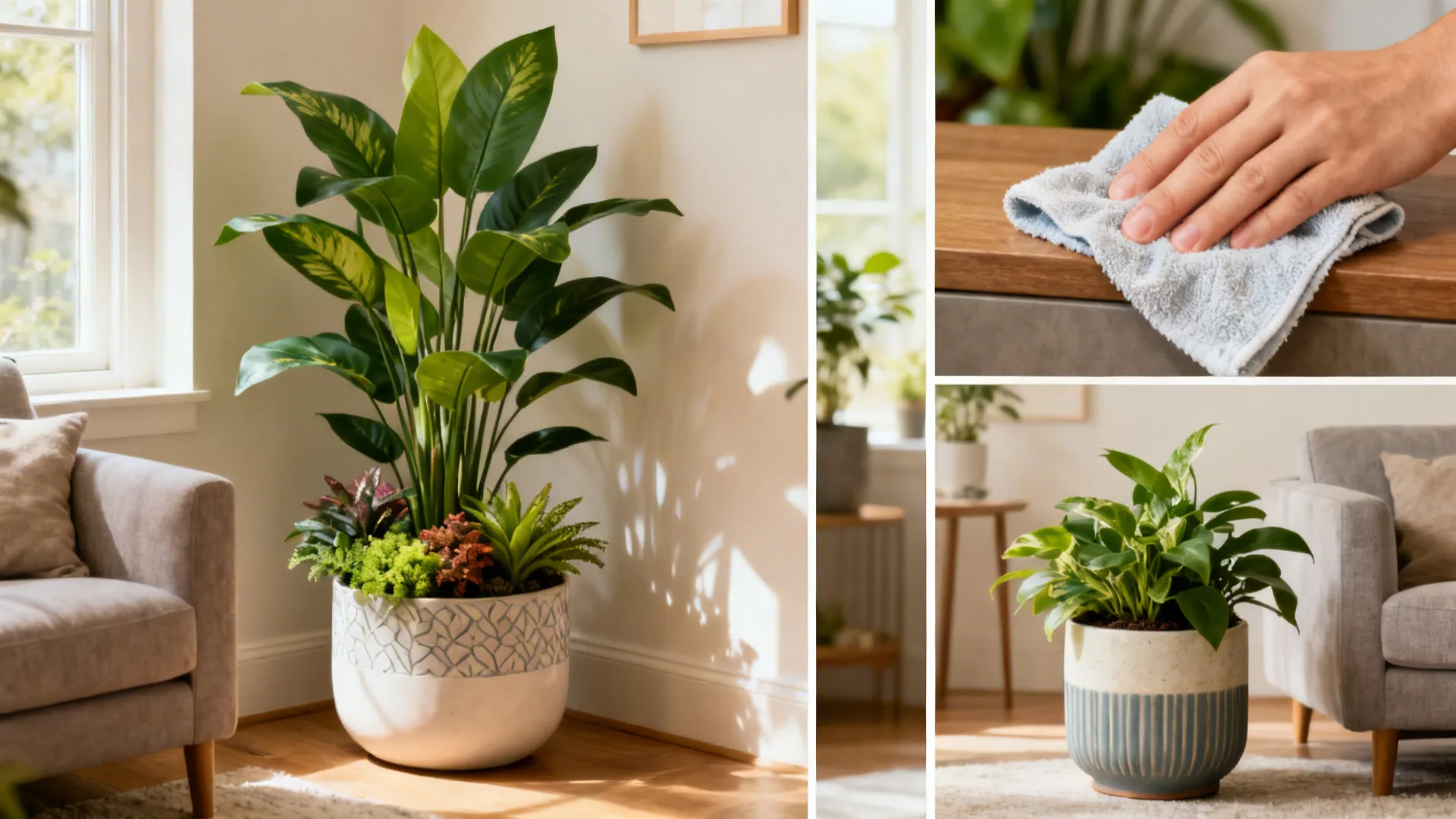 Collage of vignettes showing best spots, cleaning tips, and mixing real with artificial plants.