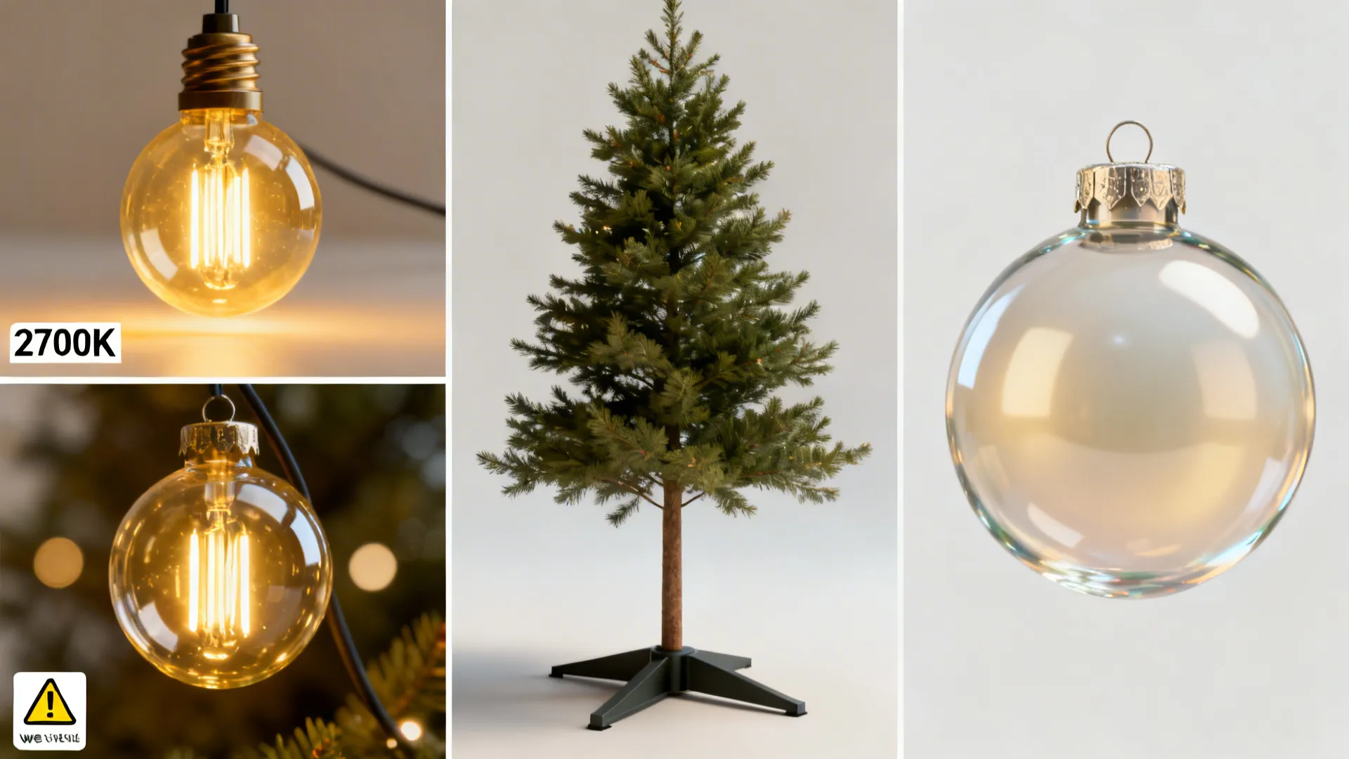 Collage of lighting temperature, shatterproof ornament, stable tree base and safety icon for white tree FAQ.