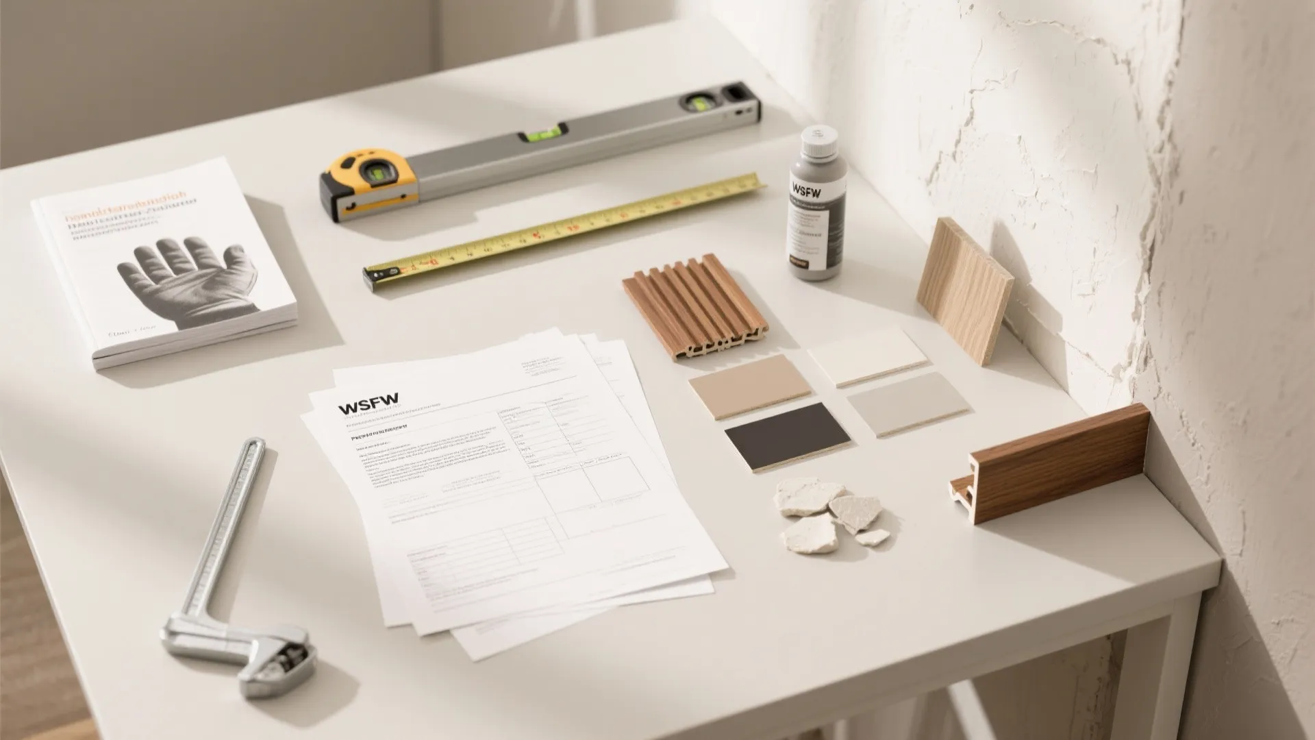 Table with renovation tools measuring tape level color samples wood pieces and documents for planning