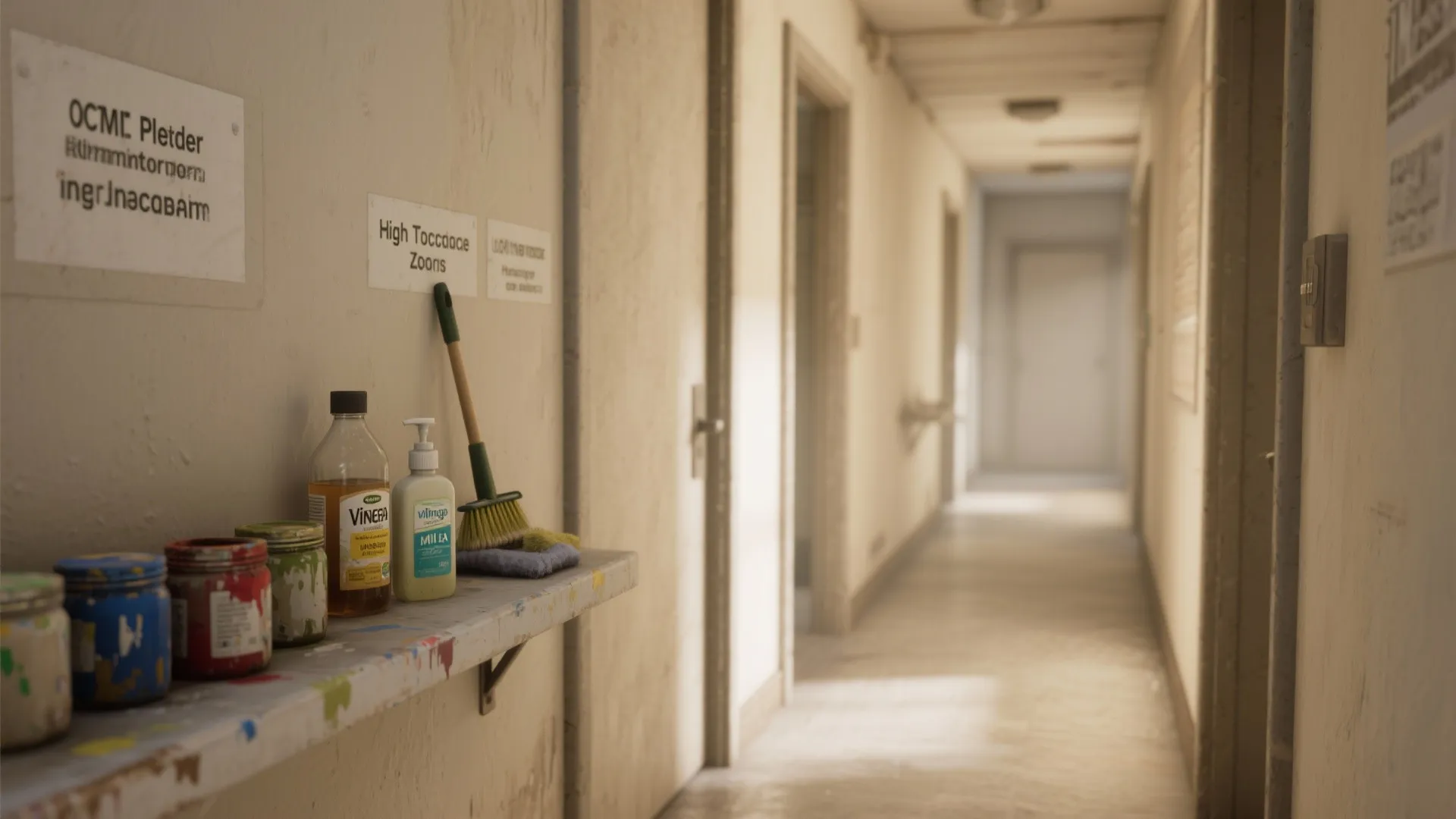 Cleaning supplies and paint jars sitting on a shelf in a long narrow hallway area