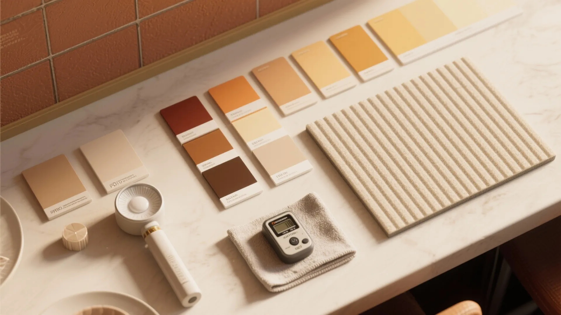 Collection of earth tone wall color swatches and testing tools displayed on a white marble surface