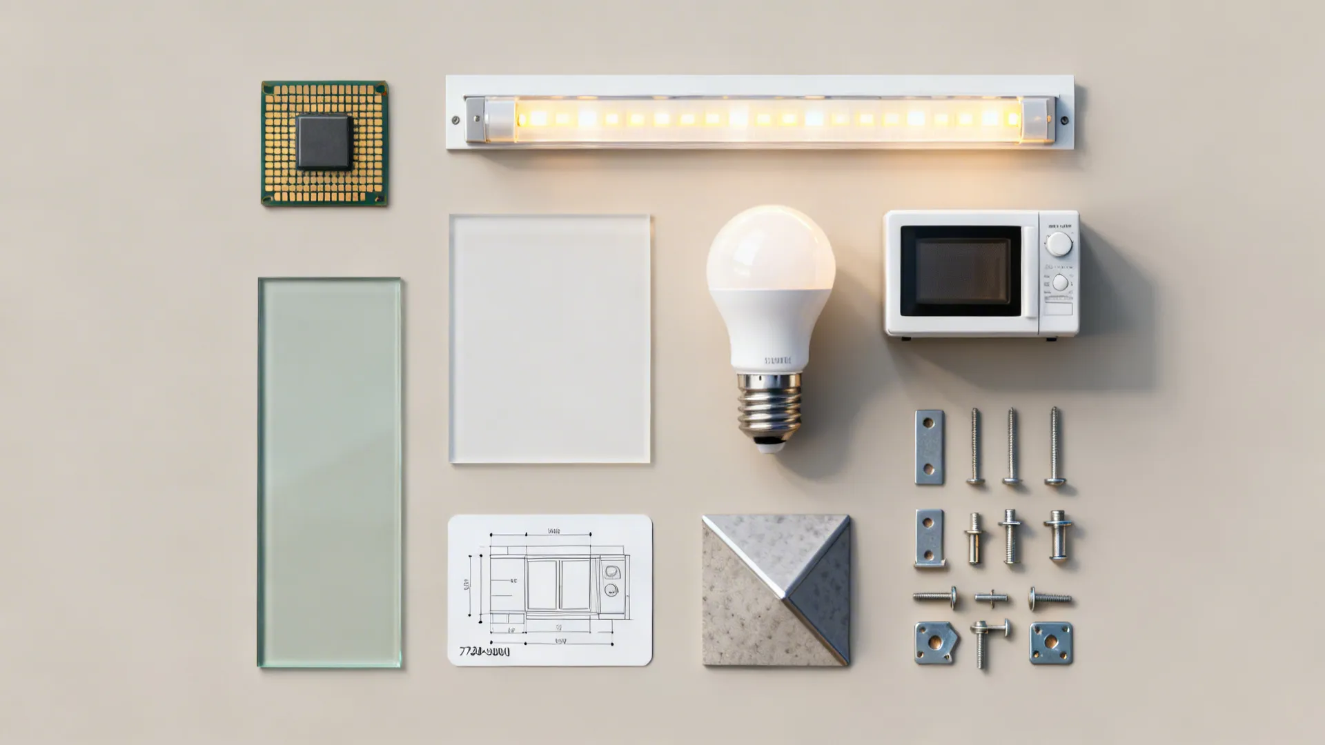 Flat lay of small kitchen wall design elements: matte finish, low-iron glass, LED diffuser, warm bulb, and hardware.