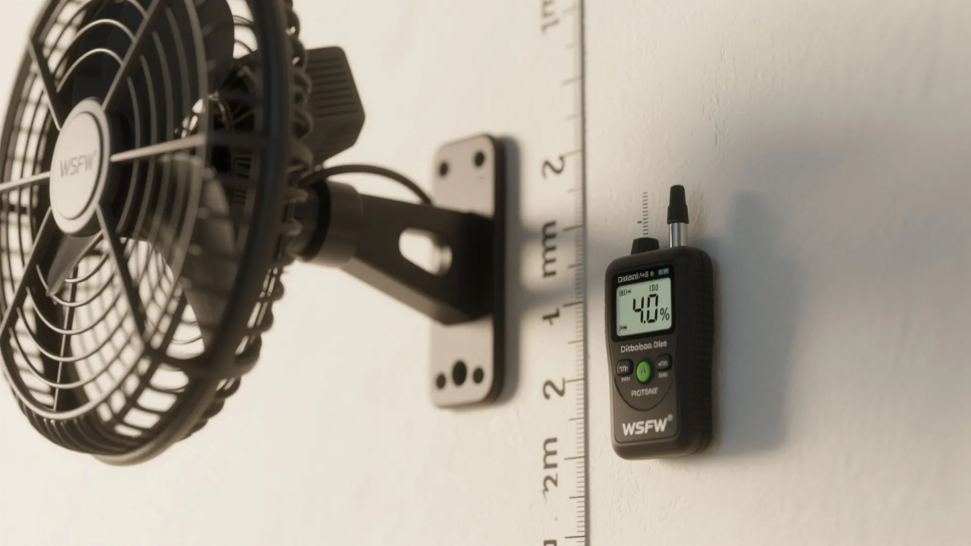 Close up view of a wall fan mounting bracket next to a digital measuring tool