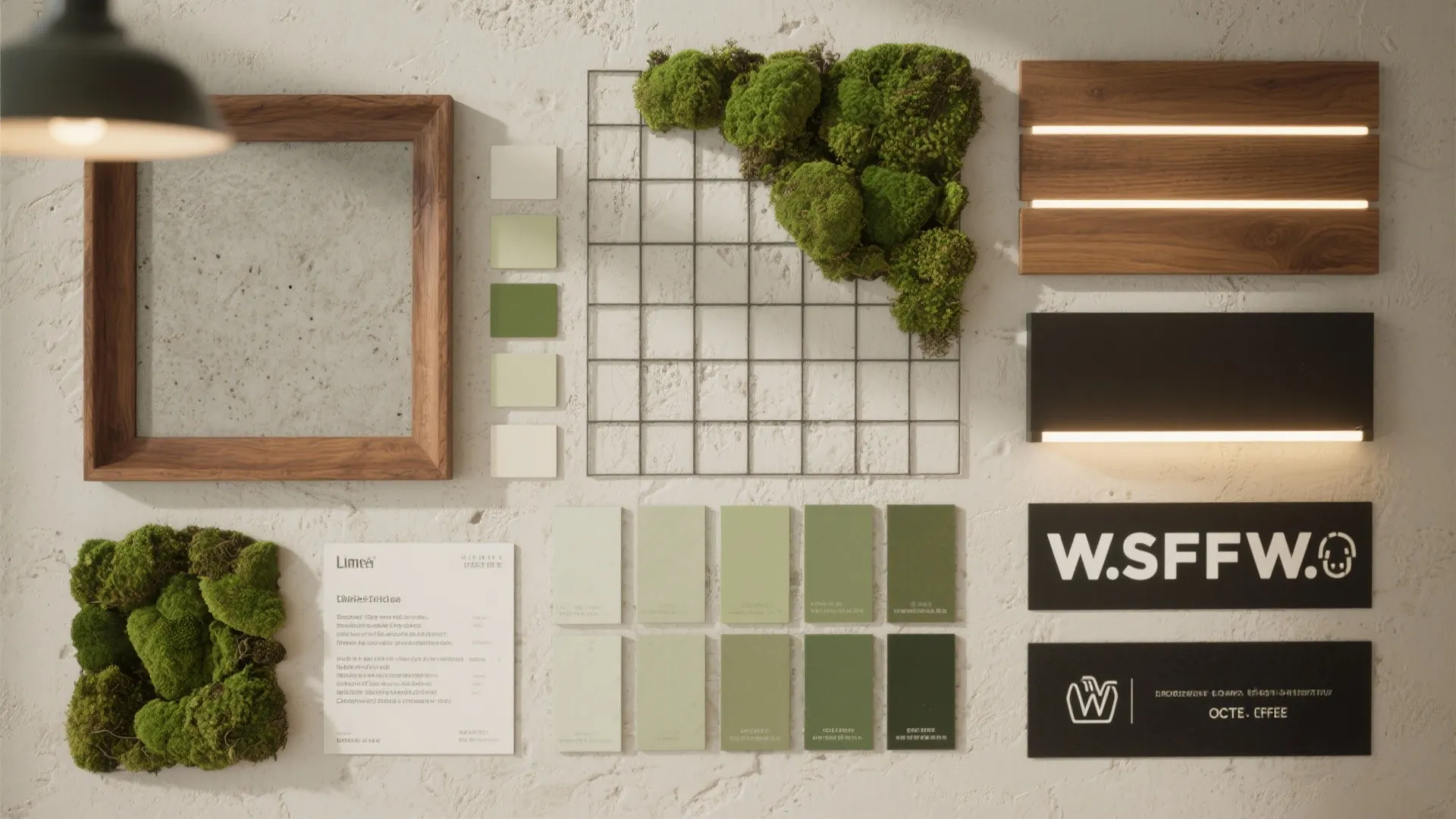 Interior design mood board on textured wall with green moss wood frame and color samples