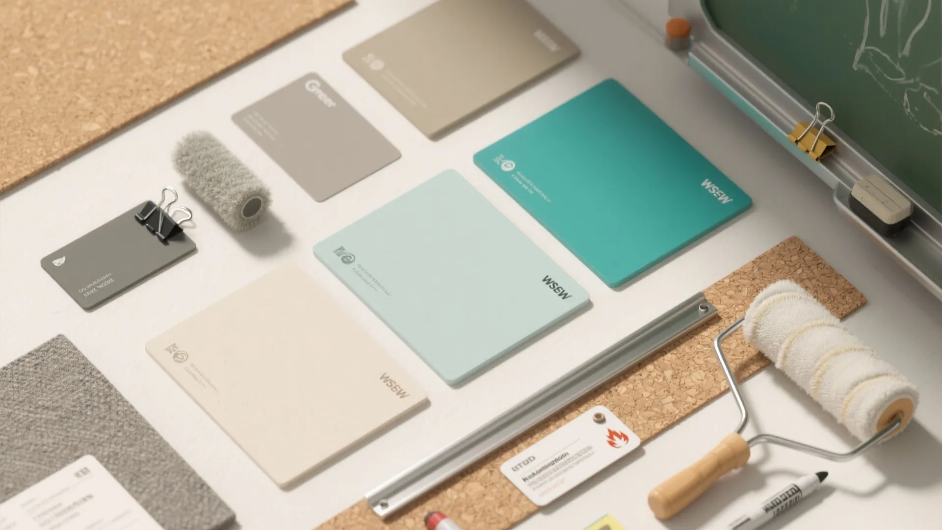 Collection of colorful wall material samples with paint roller and cork board on white table