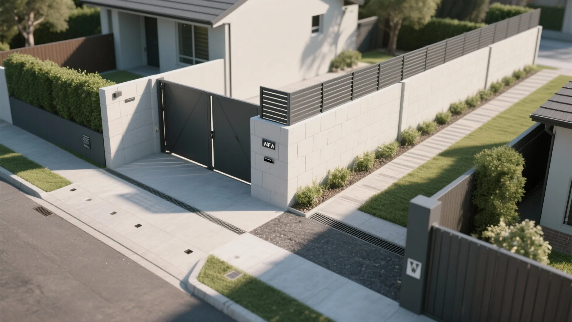 Aerial view of a house entrance with white brick wall black metal gate and lawn