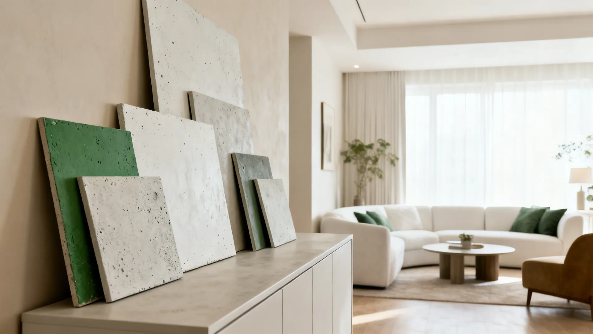 Living room vignette with sample boards showing neutrals, greens, microcement, and warm whites.