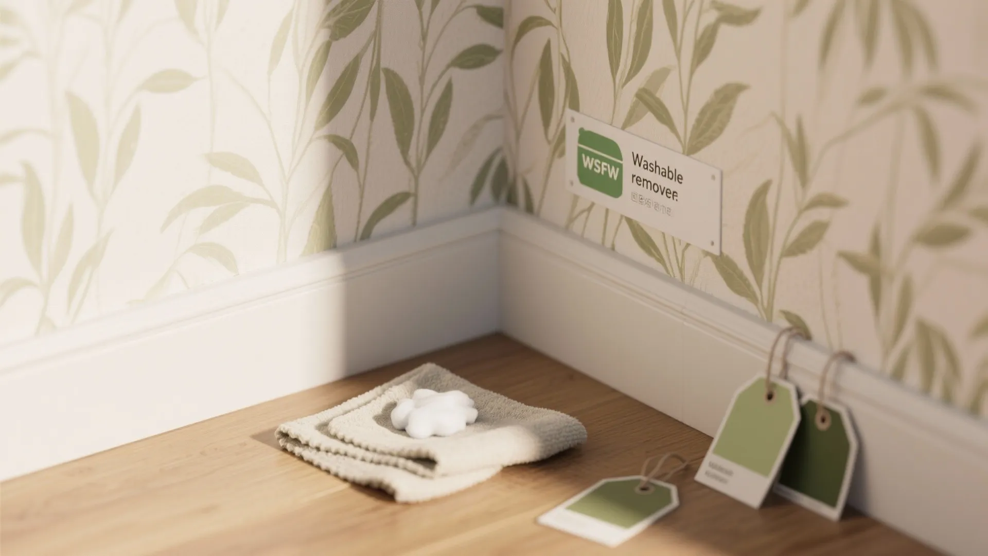 Close up of leaf pattern wallpaper with cleaning towel and color tags on wooden floor corner