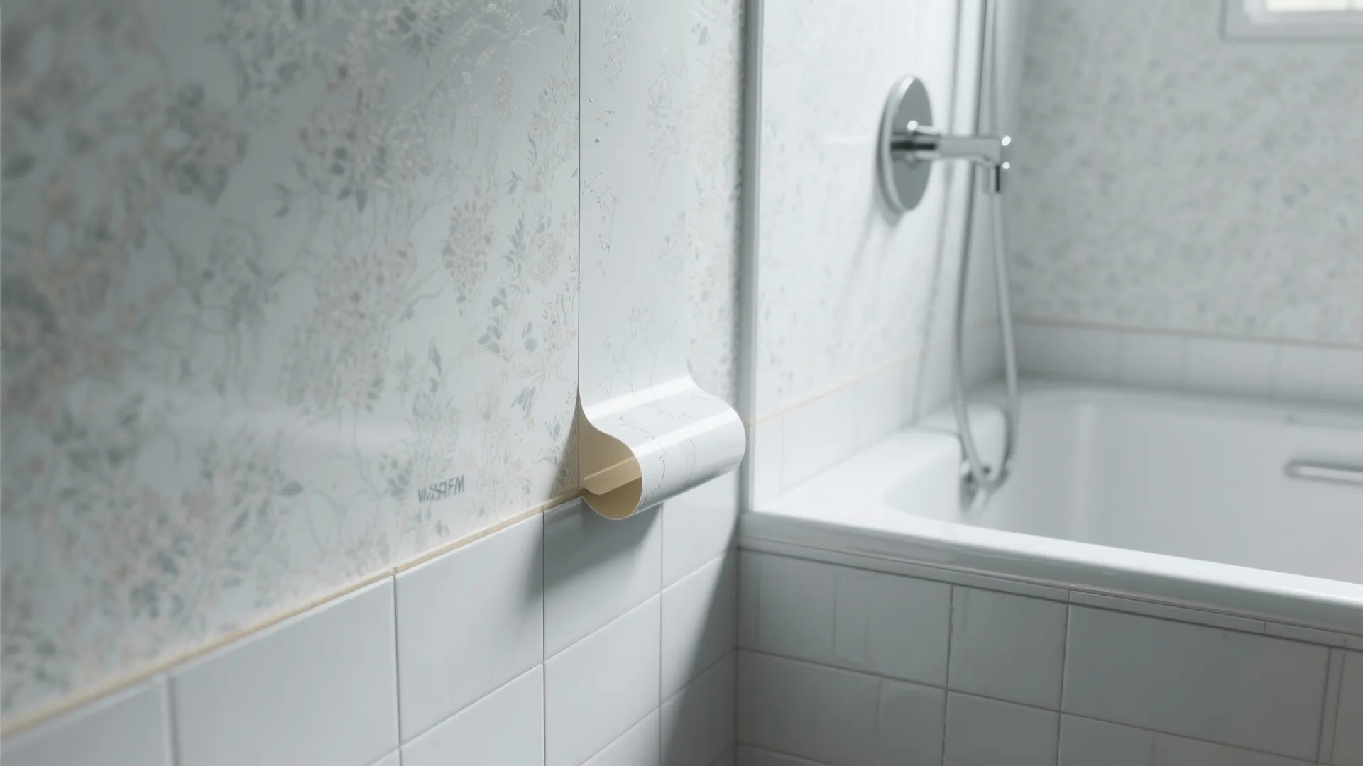 Light blue floral wallpaper being applied to white tiled bathroom wall next to white bathtub