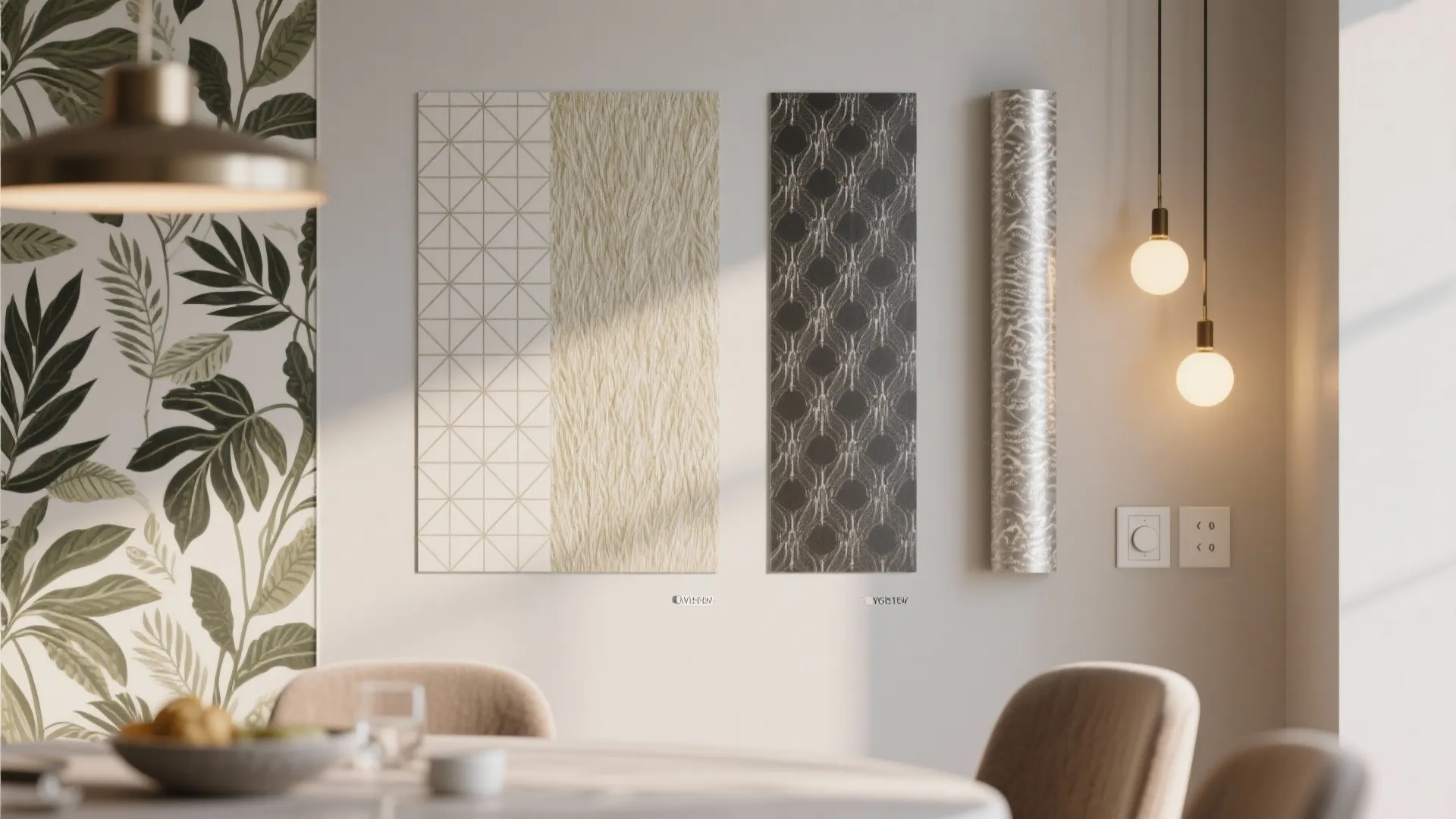 Wall with patterned wallpaper samples next to round hanging light bulbs and a dining table