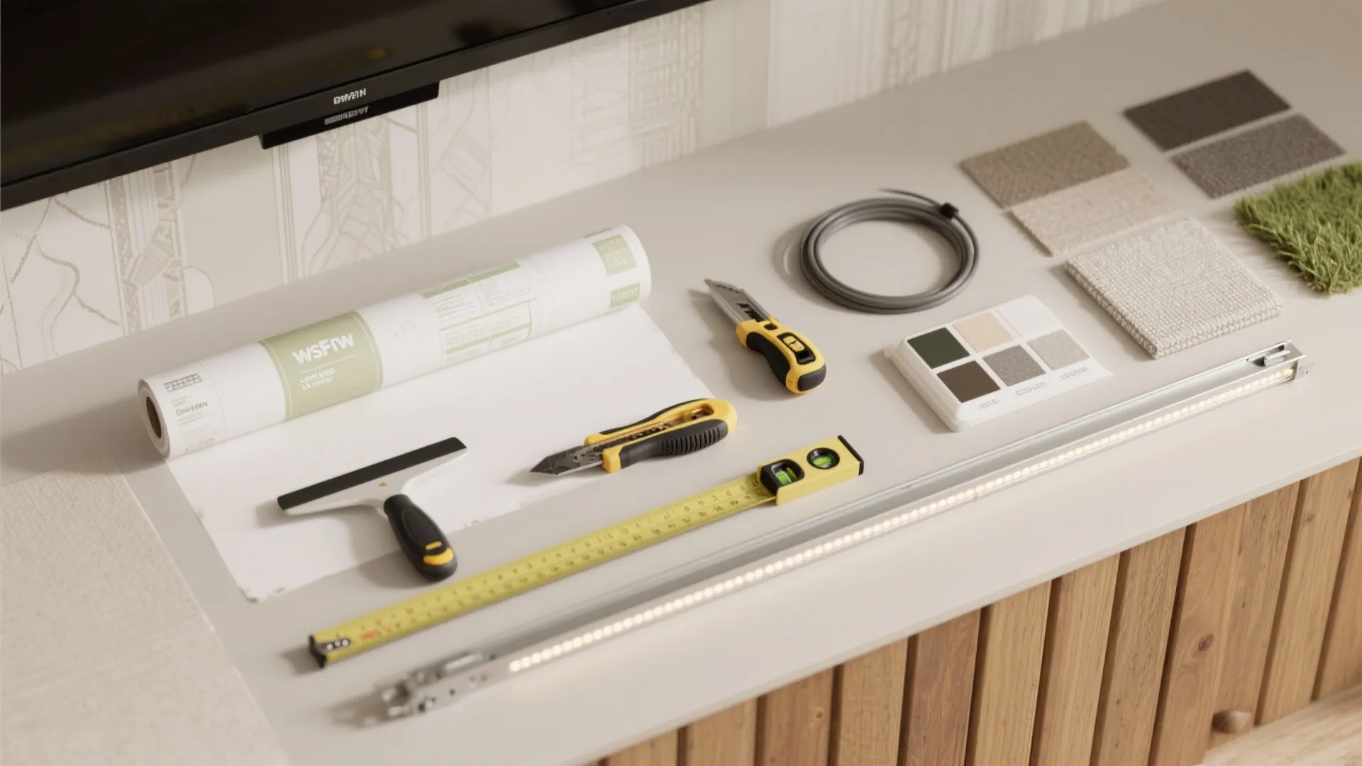 Wallpaper installation kit with measuring tape utility knives scraper color swatches and various flooring material samples